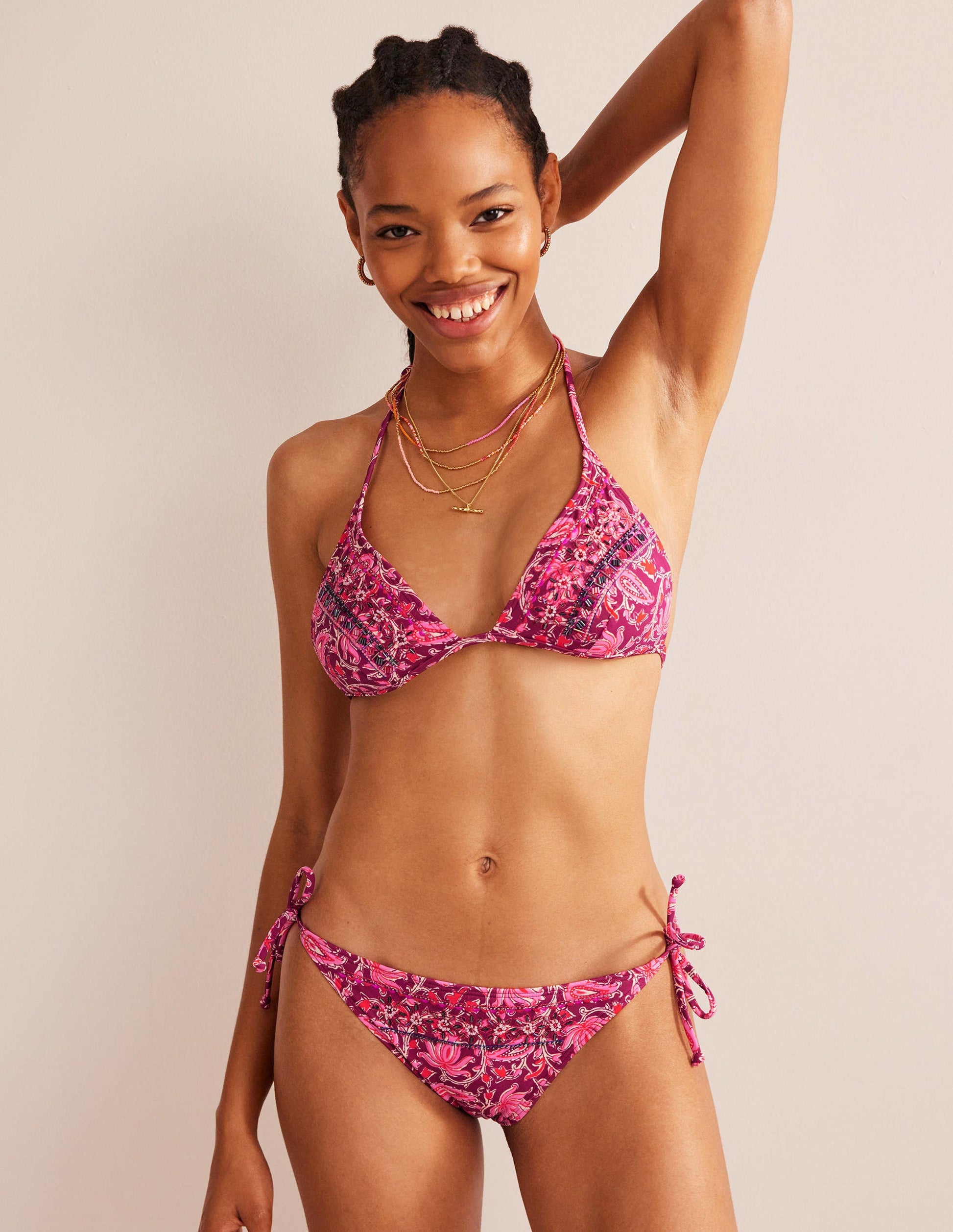 Haut de bikini orné de perles-Framboise, motif Botanic Vine-4