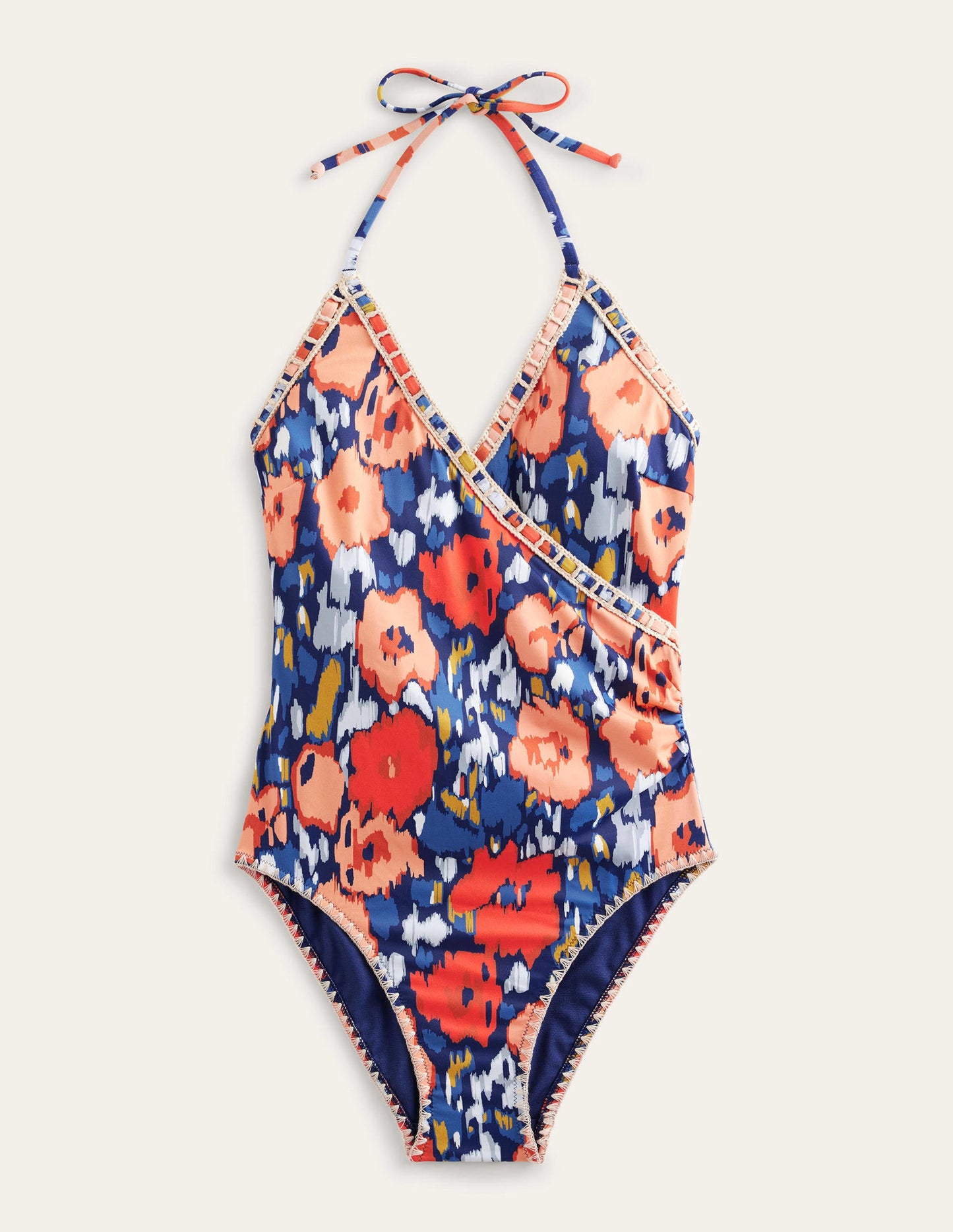 Crochet Trim Wrap Swimsuit-Navy, Abstract Poppy