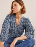 Printed Notch Neck Top-Blue Tile
