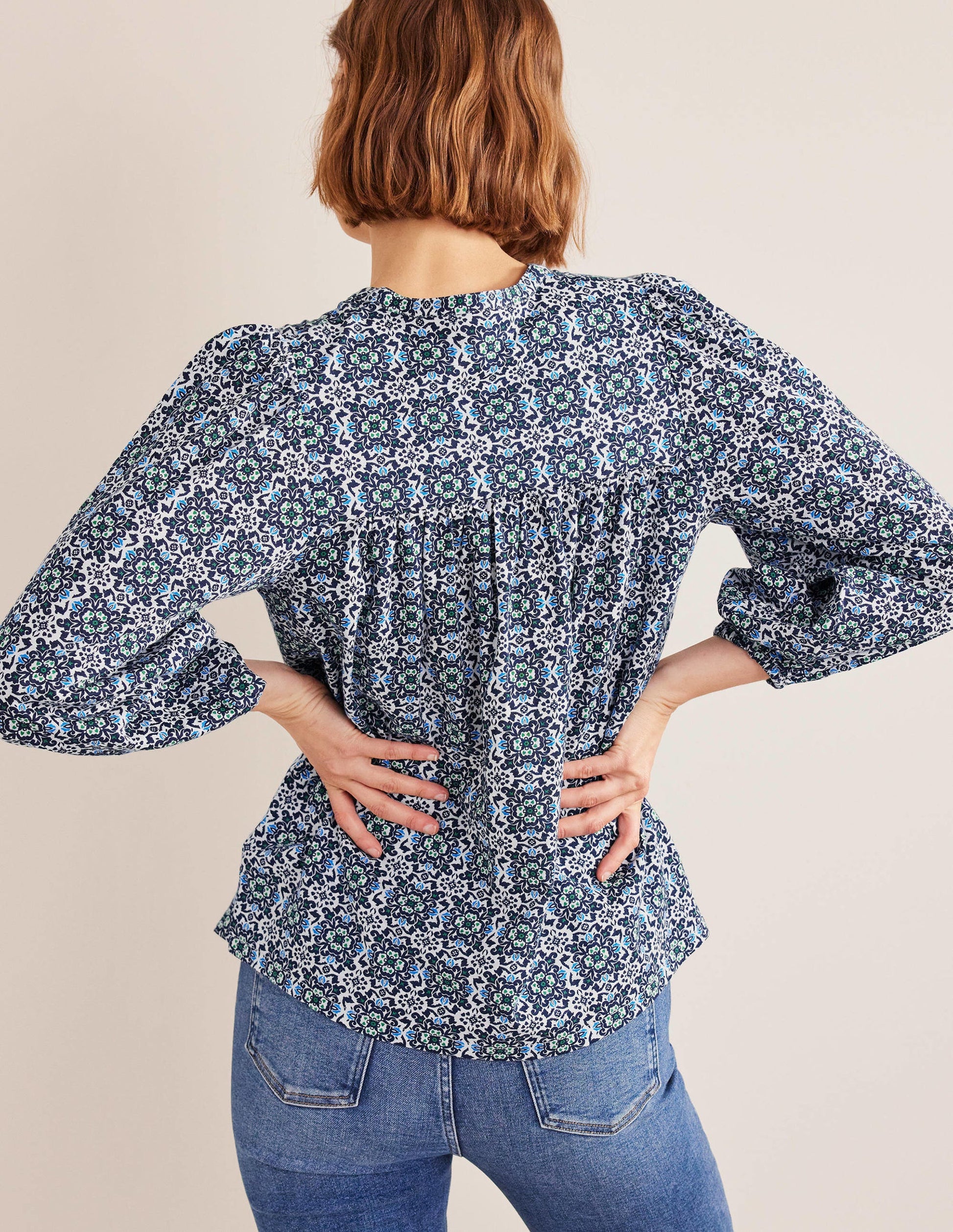 Printed Notch Neck Top-Blue Tile-3