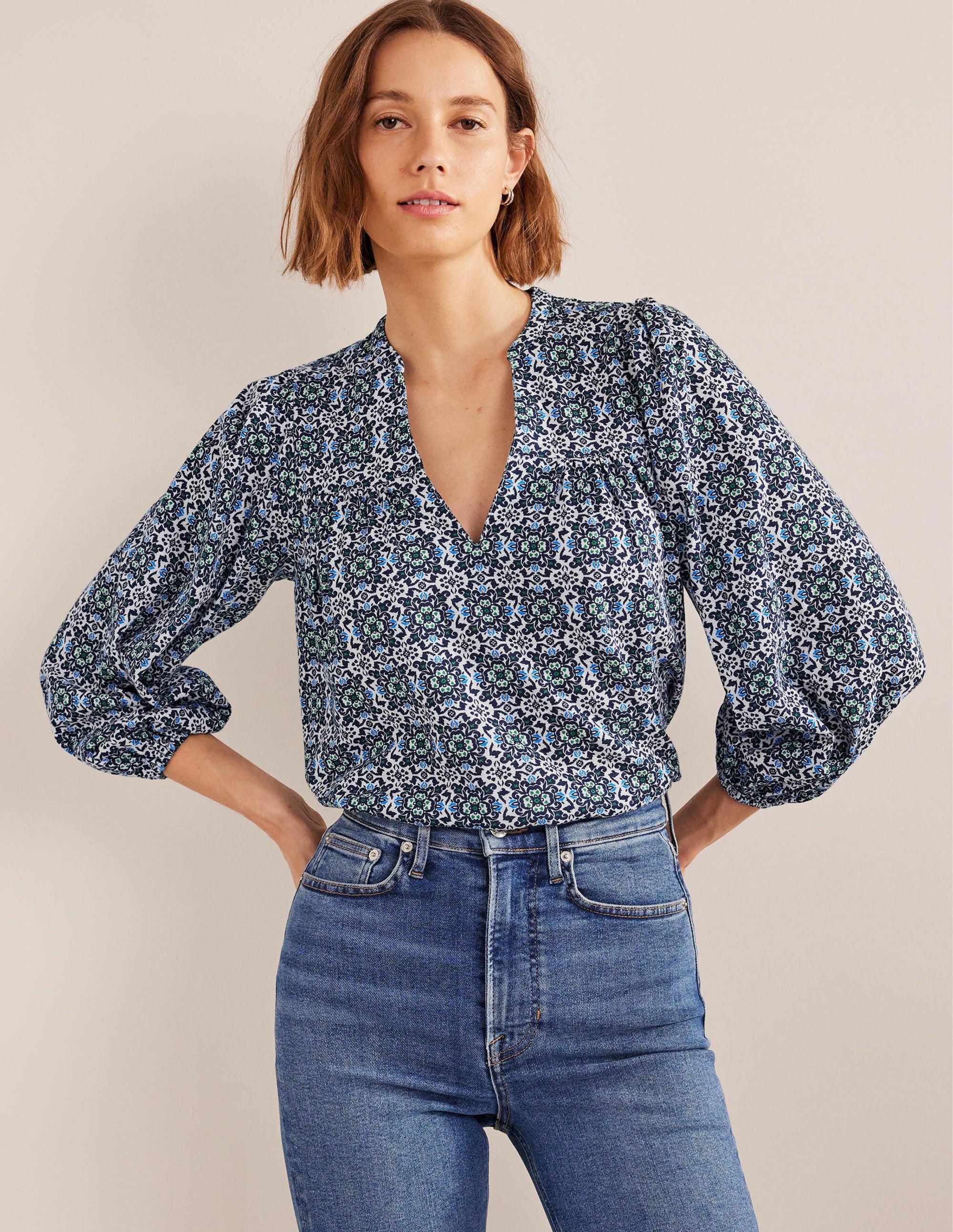 Printed Notch Neck Top-Blue Tile - Image 4