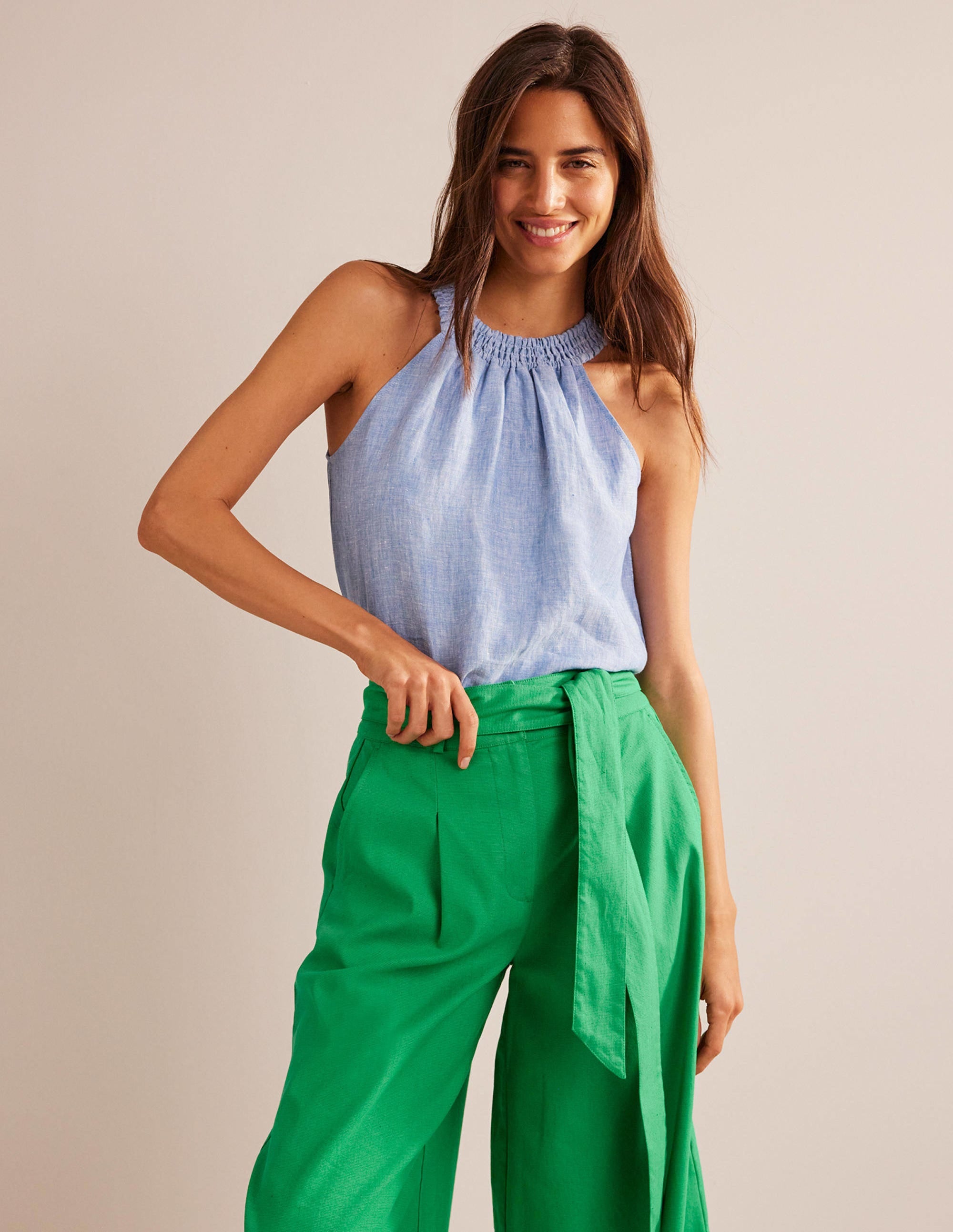 Top dos-nu en lin à smocks-Chambray - Image 4
