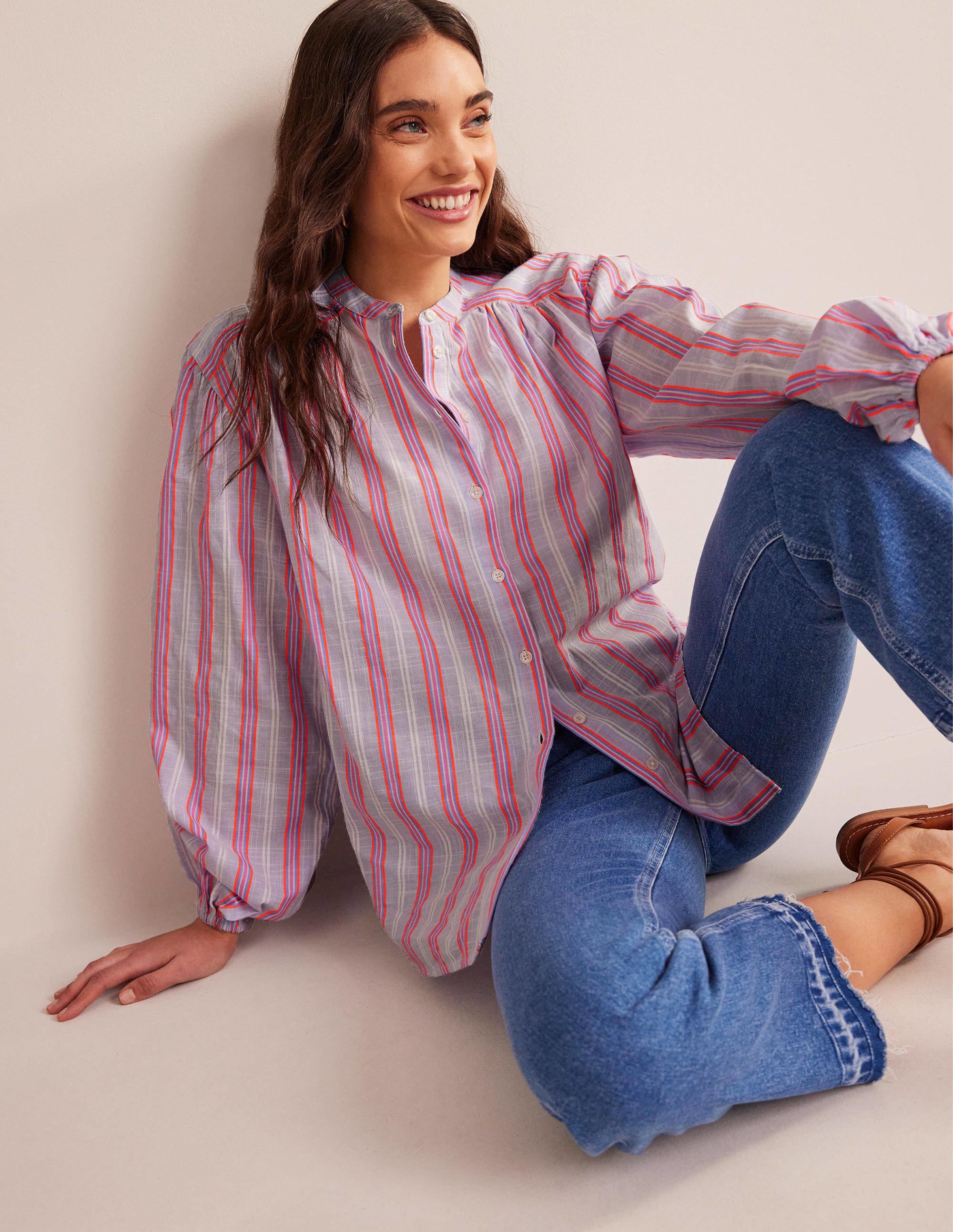 Chemise oversize à manches blousantes-Bleu et punch pastèque - Image 1