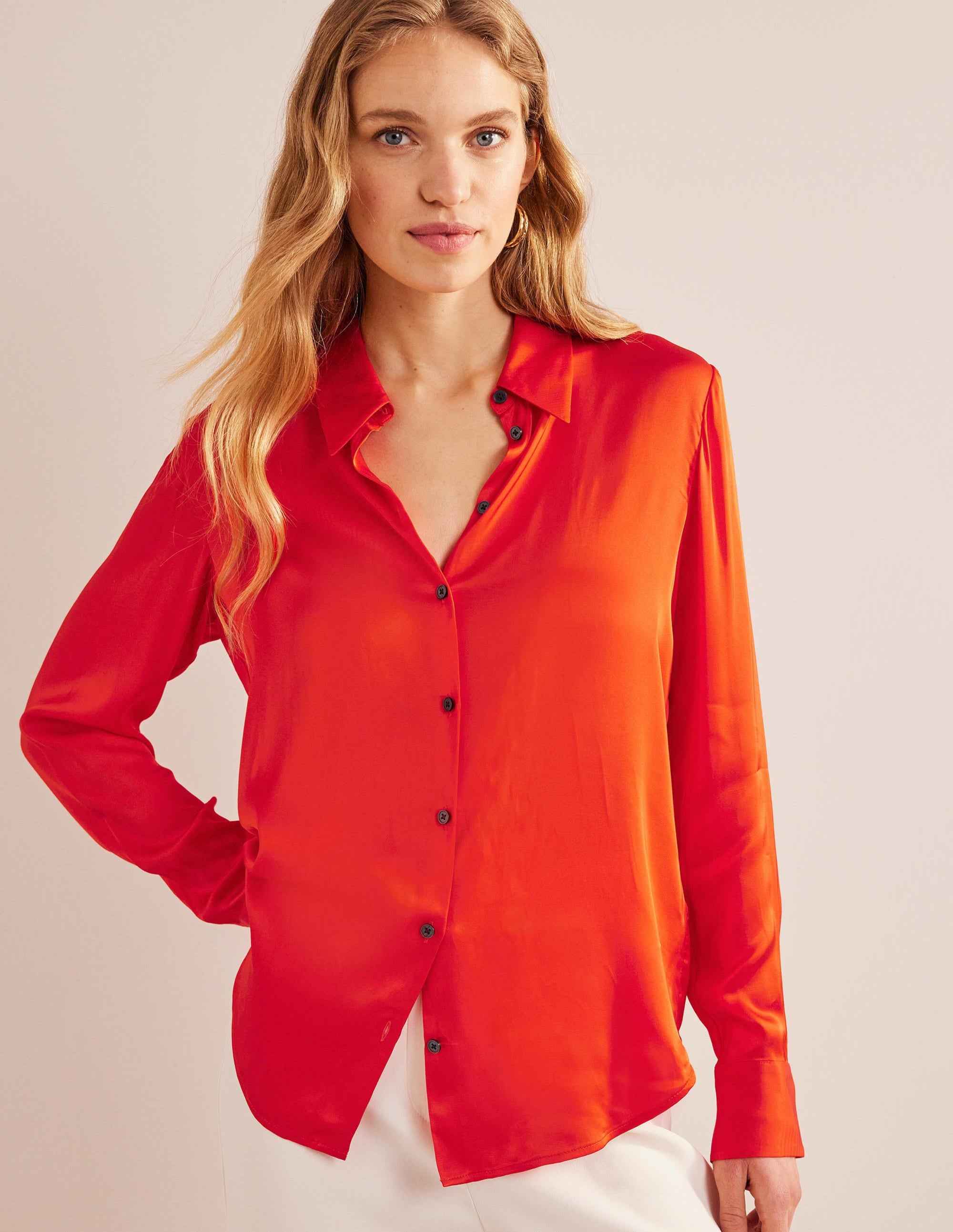 Chemise décontractée en satin-Tomate cerise - Image 4