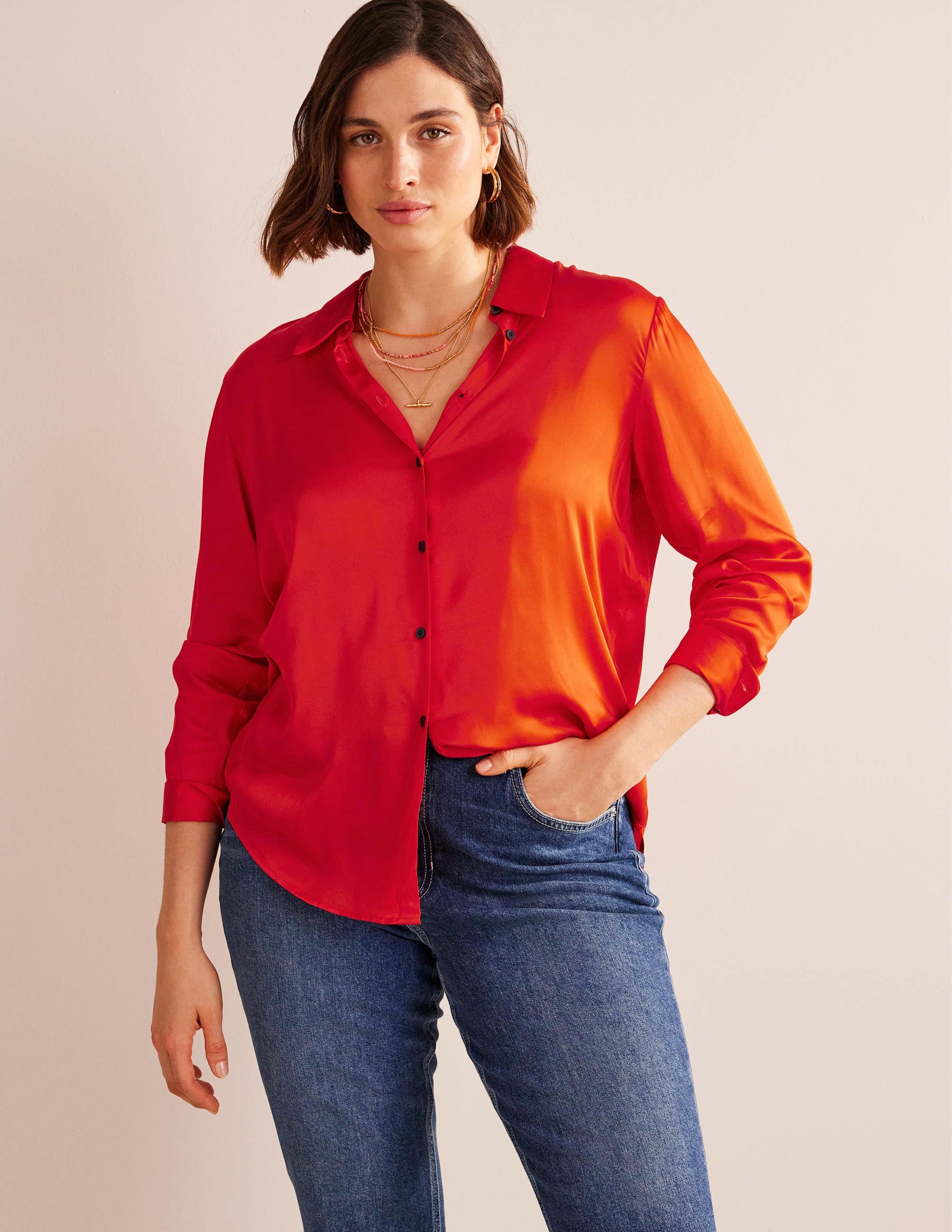 Chemise décontractée en satin-Tomate cerise - Image 5