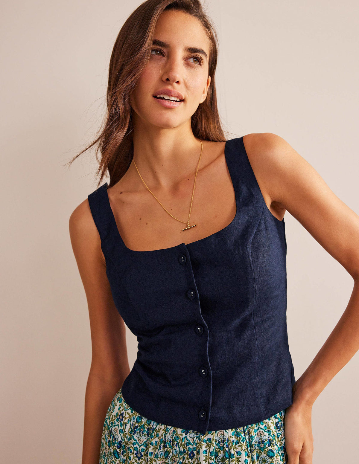 Top mit eckigem Ausschnitt und Knopfleiste-Marineblau - Image 1