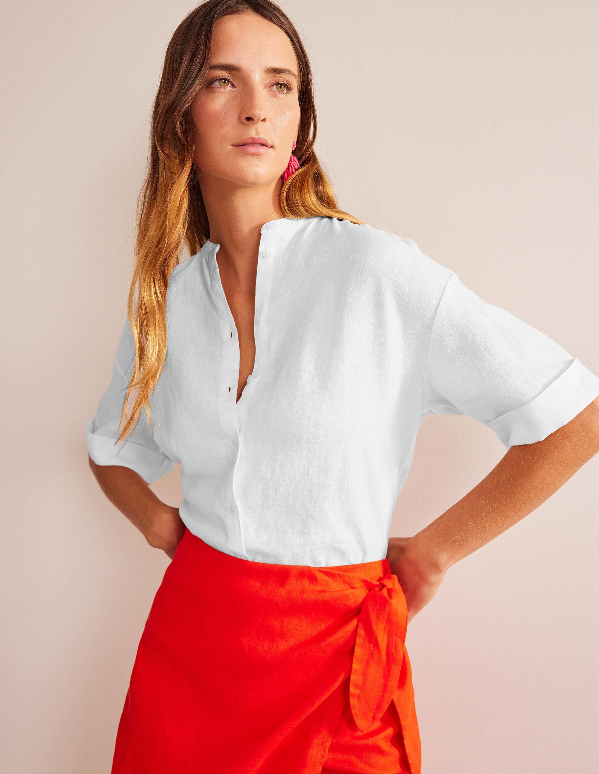 Kimono Sleeve Linen Shirt-White - Image 1
