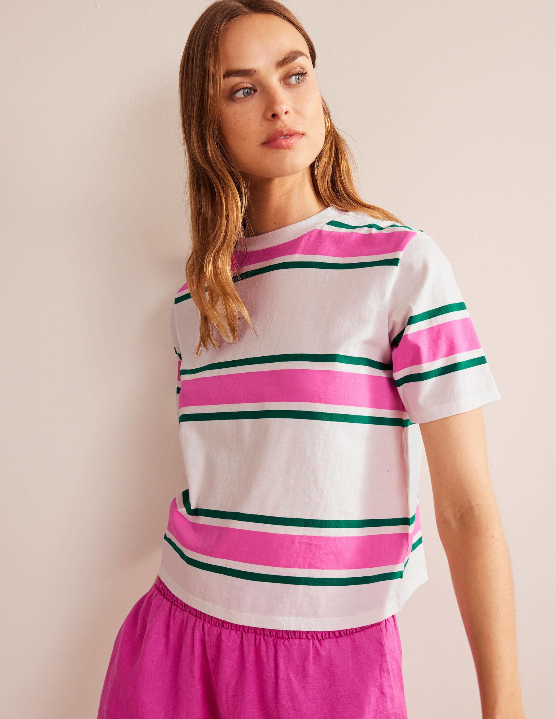 Kastiges T-Shirt mit Streifen-Festivalrosa/Helles Smaragdgrün-1