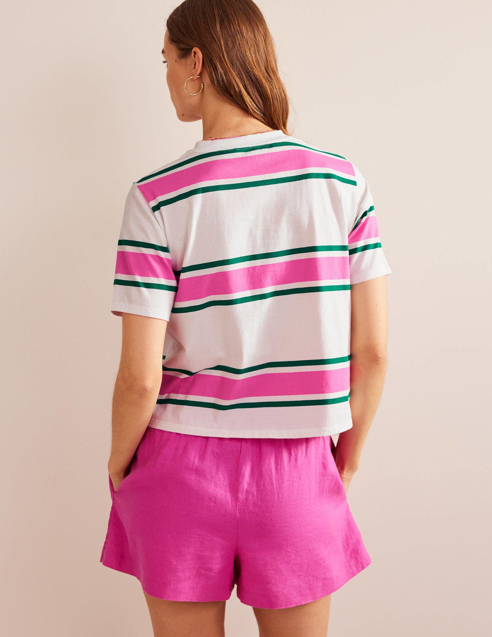 Kastiges T-Shirt mit Streifen-Festivalrosa/Helles Smaragdgrün-3