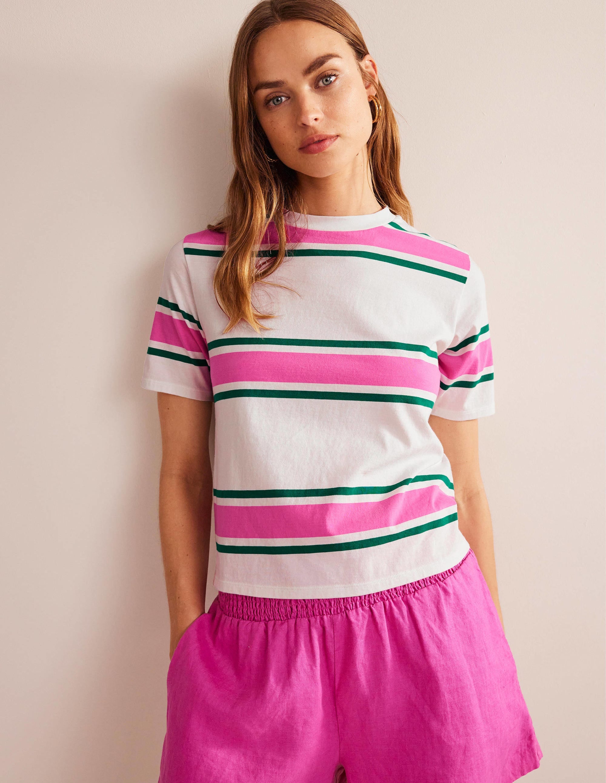 Kastiges T-Shirt mit Streifen-Festivalrosa/Helles Smaragdgrün - Image 4