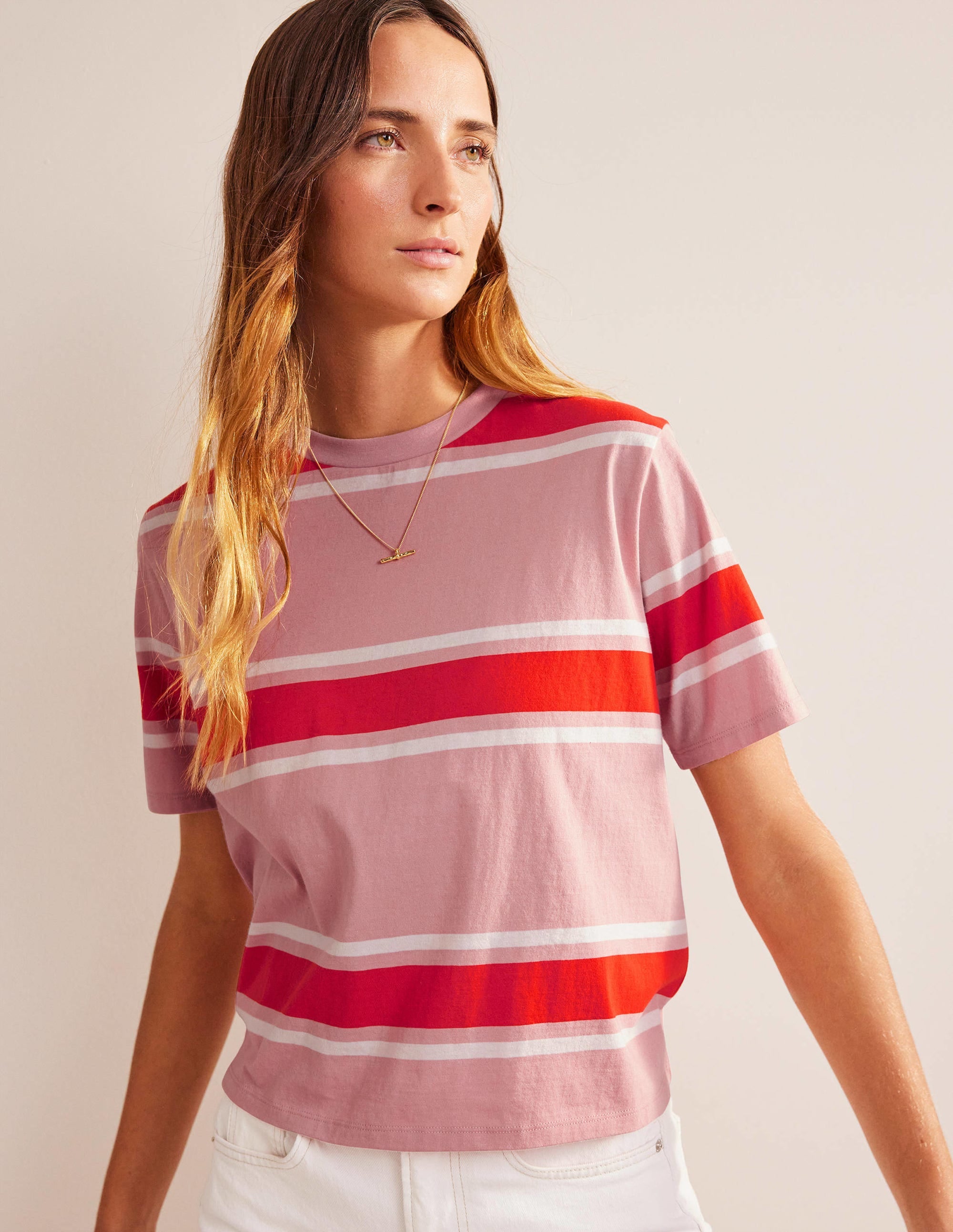 Kastiges T-Shirt mit Streifen-Zartes Rosa/Orange, Gestreift - Image 1