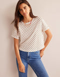 Gemustertes Leinen-T-Shirt-Naturweiß, Tulpenmuster