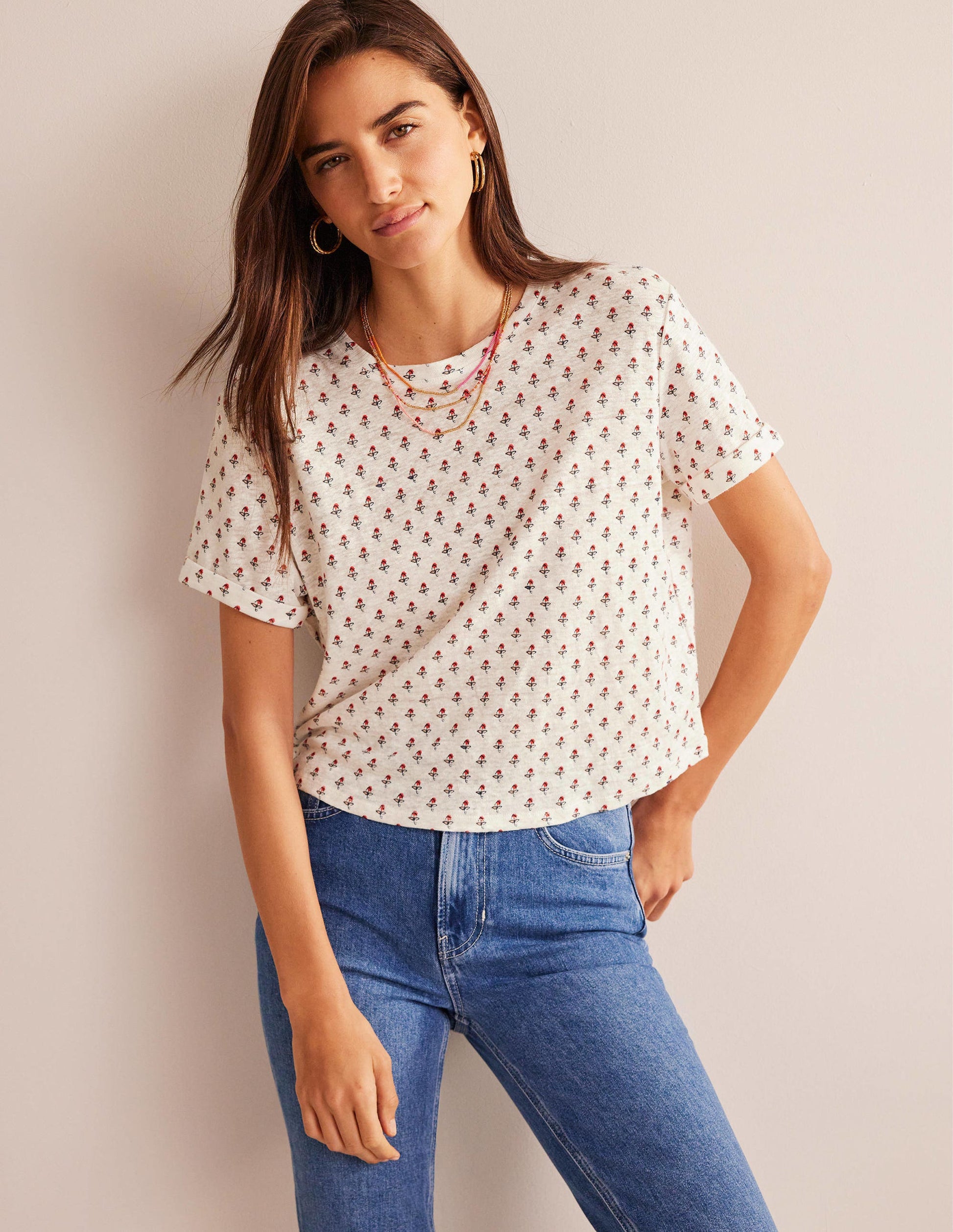 Gemustertes Leinen-T-Shirt-Naturweiß, Tulpenmuster-1