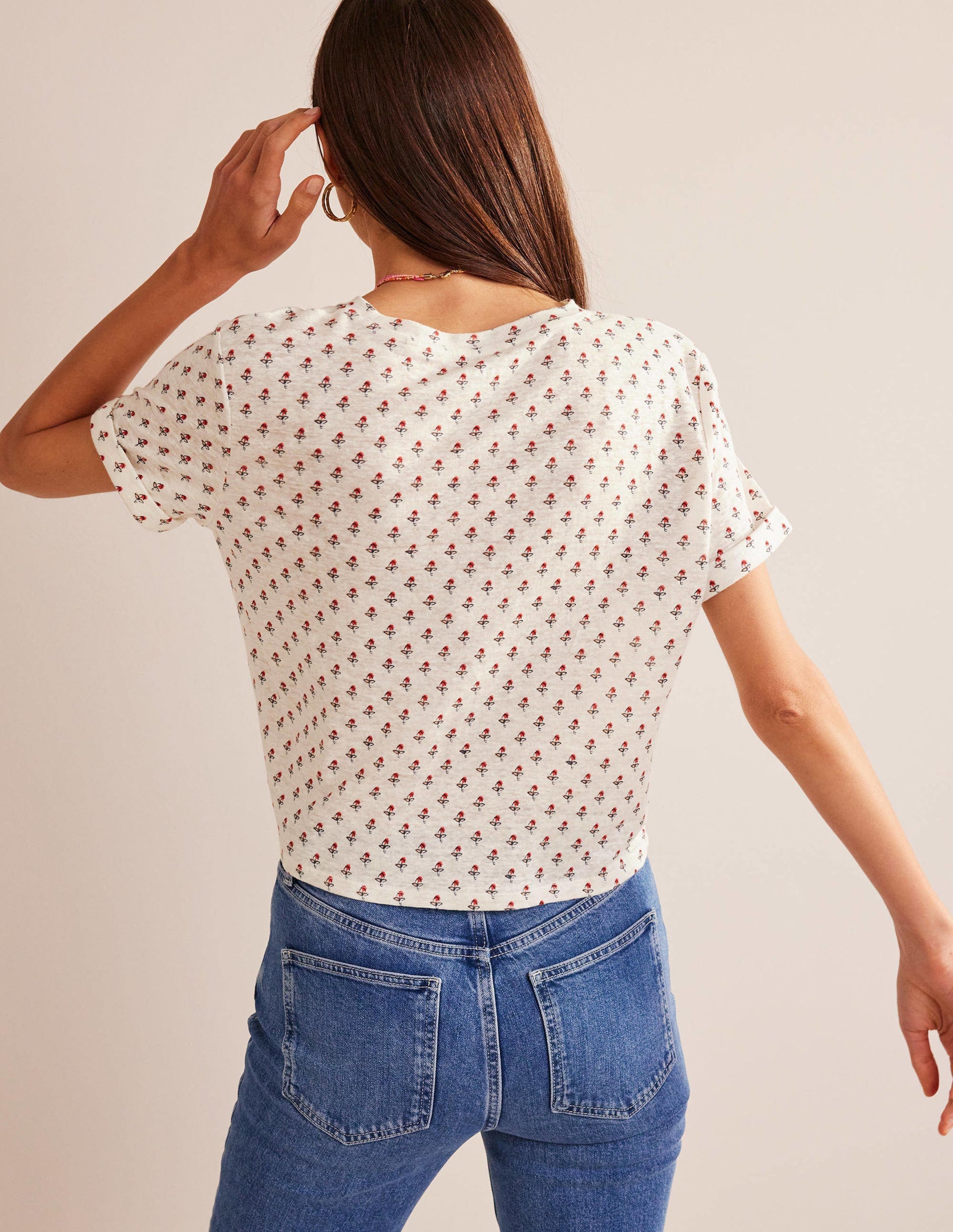 Gemustertes Leinen-T-Shirt-Naturweiß, Tulpenmuster-3