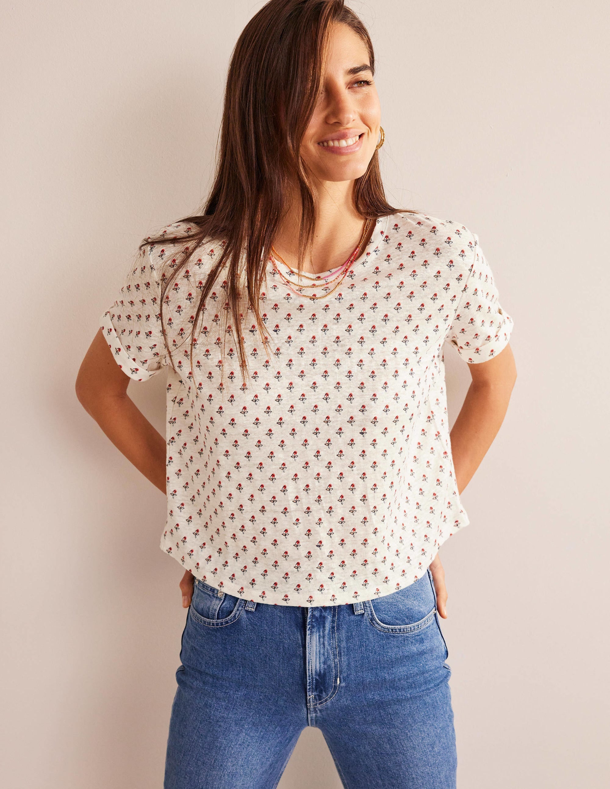 Gemustertes Leinen-T-Shirt-Naturweiß, Tulpenmuster - Image 4