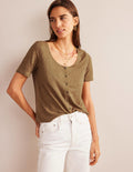 Leinen-T-Shirt mit Rundhalsausschnitt-Kamelbraun