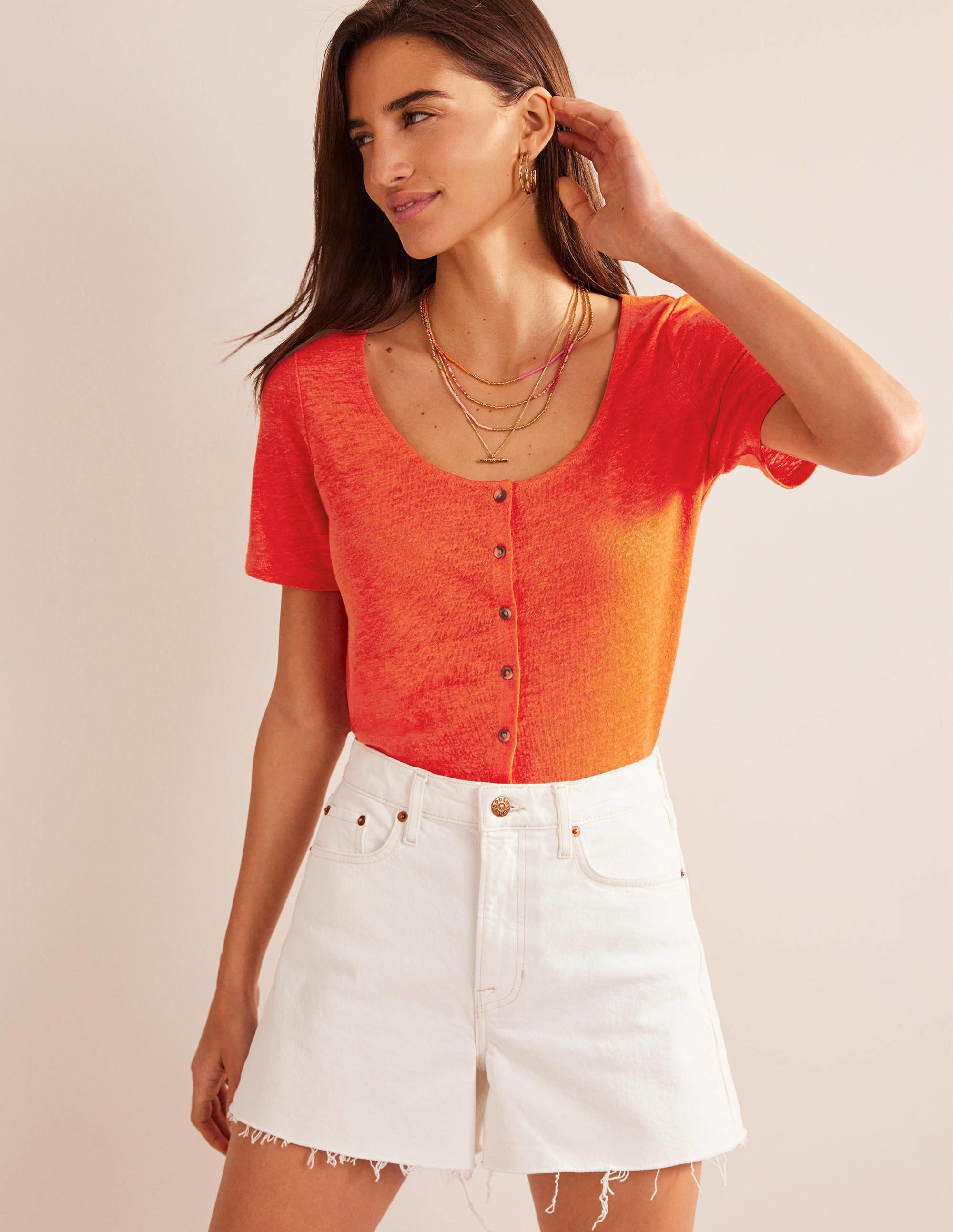 Scoop Neck Linen T-shirt-Blood Orange - Image 4