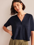 Notch Neck Linen Henley Top-Navy