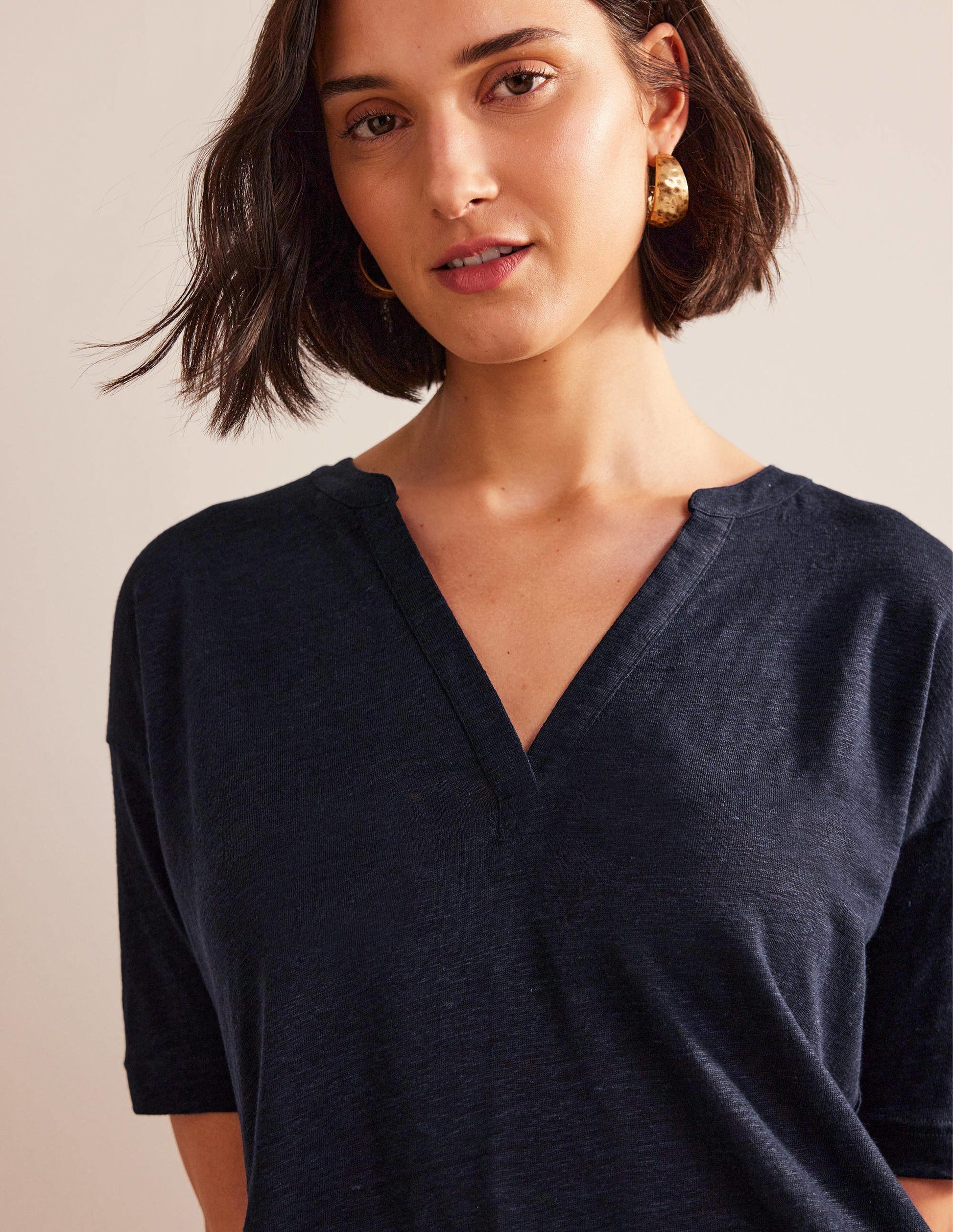 Notch Neck Linen Henley Top-Navy-2