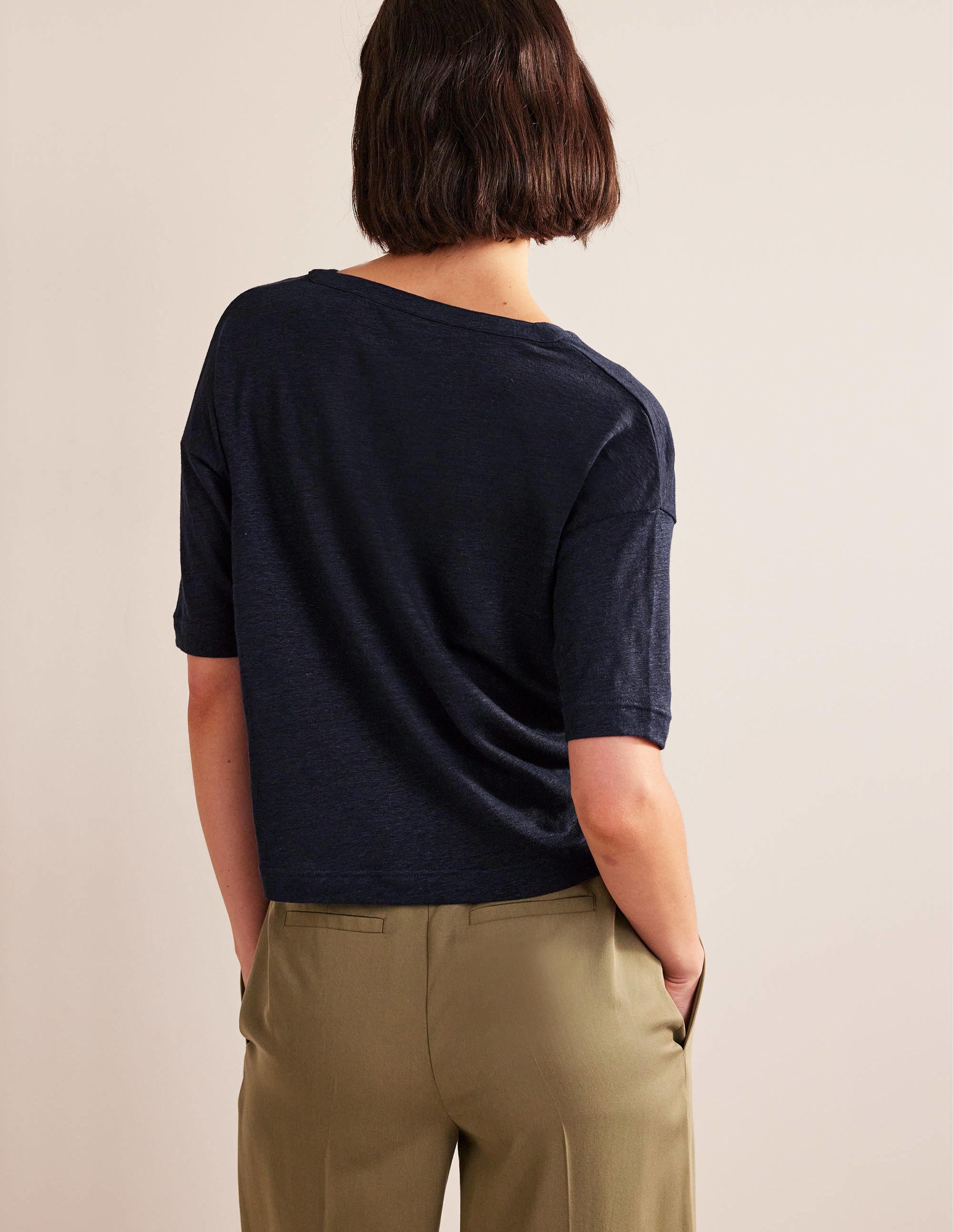 Notch Neck Linen Henley Top-Navy - Image 3