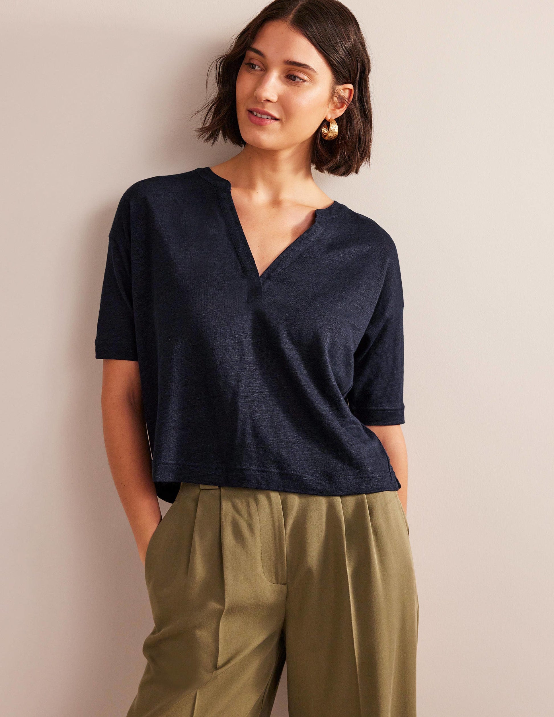 Notch Neck Linen Henley Top-Navy-4