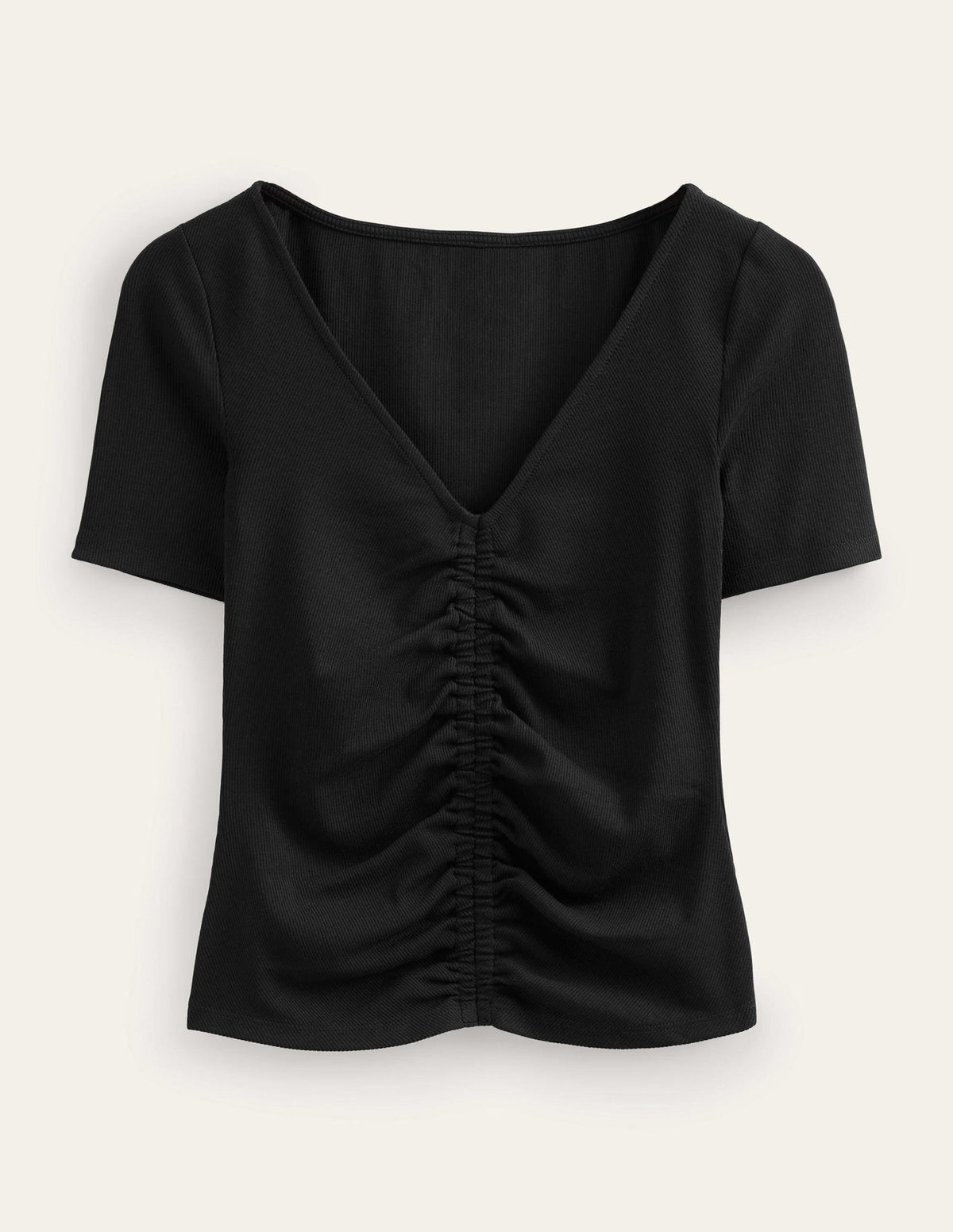 Rippstrick-T-Shirt mit geraffter Vorderseite-Schwarz-5