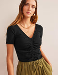 Rippstrick-T-Shirt mit geraffter Vorderseite-Schwarz