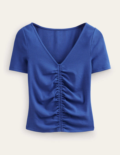 Rippstrick-T-Shirt mit geraffter Vorderseite-Saphirblau