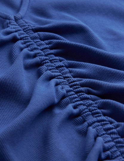 Rippstrick-T-Shirt mit geraffter Vorderseite-Saphirblau