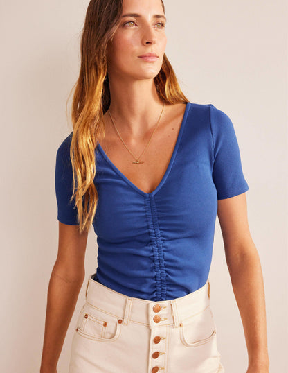 Rippstrick-T-Shirt mit geraffter Vorderseite-Saphirblau