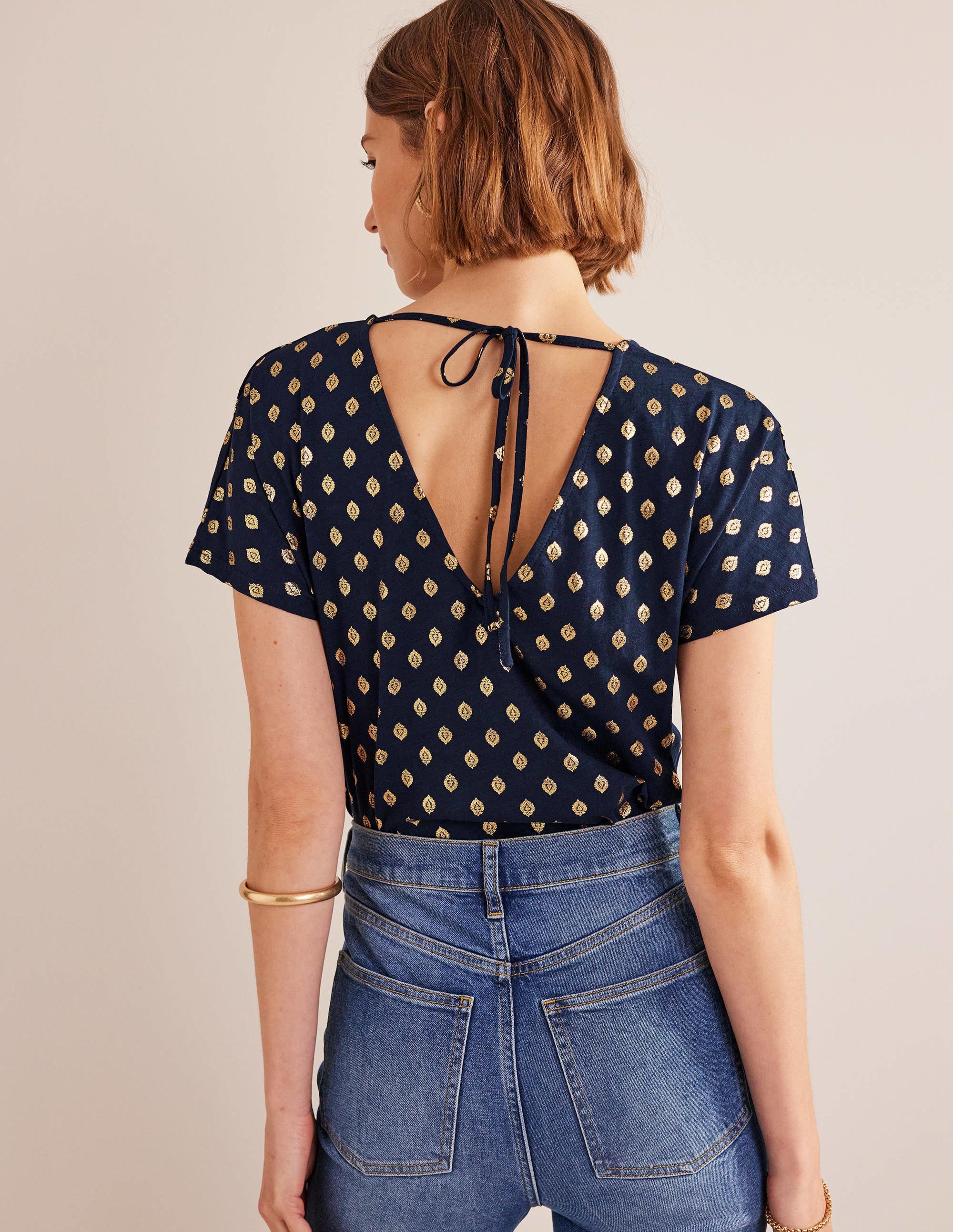 Tie Back Jersey Top-French Navy, Tranquil Leaf - Image 3