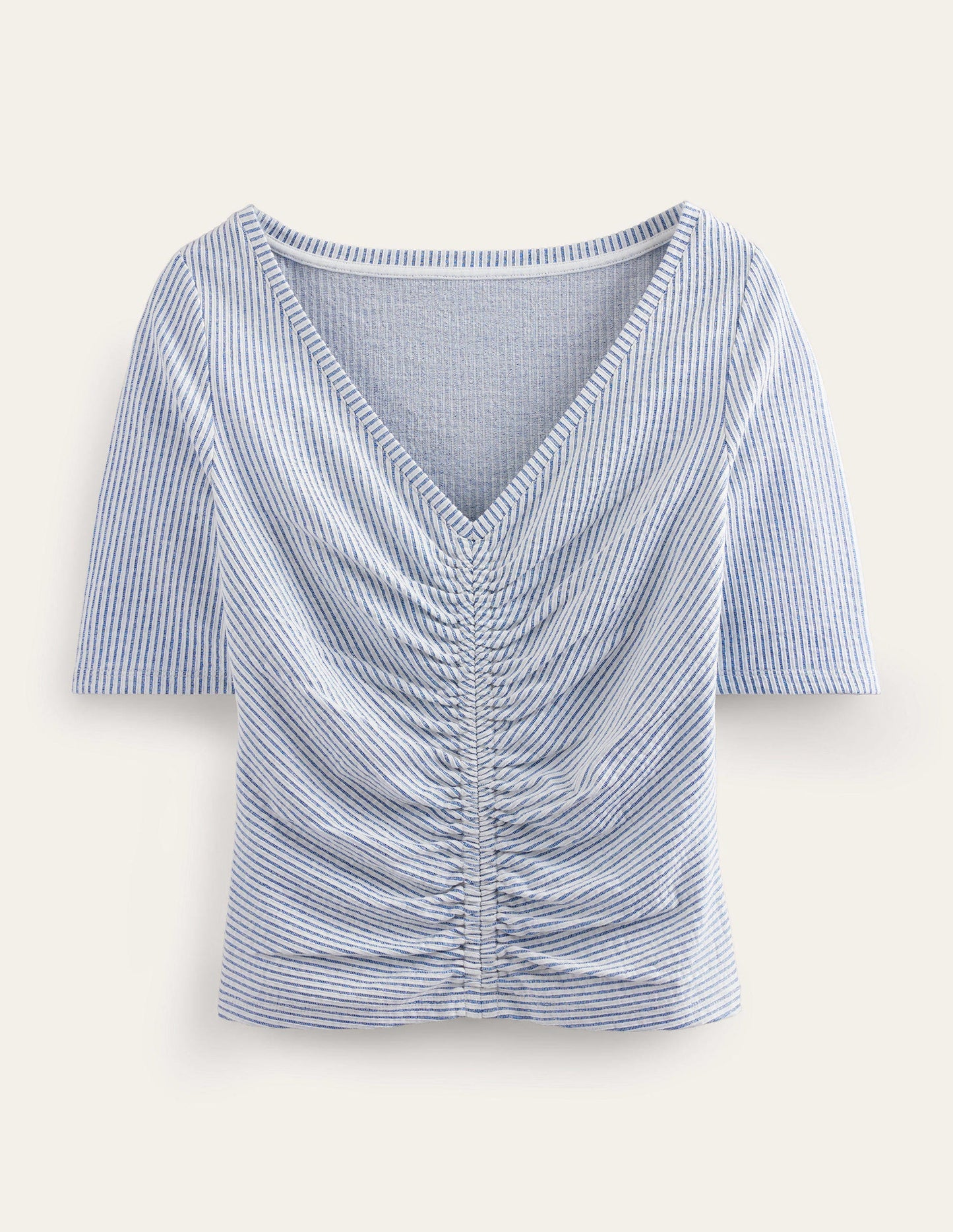Seersucker-Oberteil mit geraffter Vorderseite-Marineblau/Weiß, Gestreift