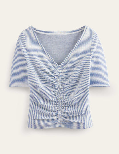 Seersucker-Oberteil mit geraffter Vorderseite-Marineblau/Weiß, Gestreift-5