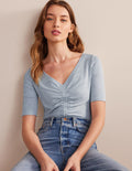 Seersucker Ruched Front Top-Navy/White Stripe