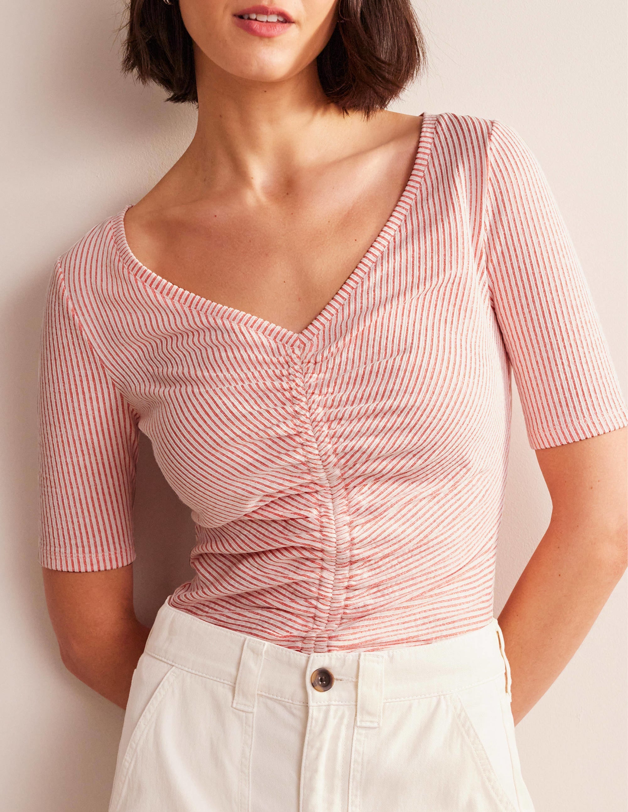 Seersucker Ruched Front Top-Vermillion/White Stripe - Image 4