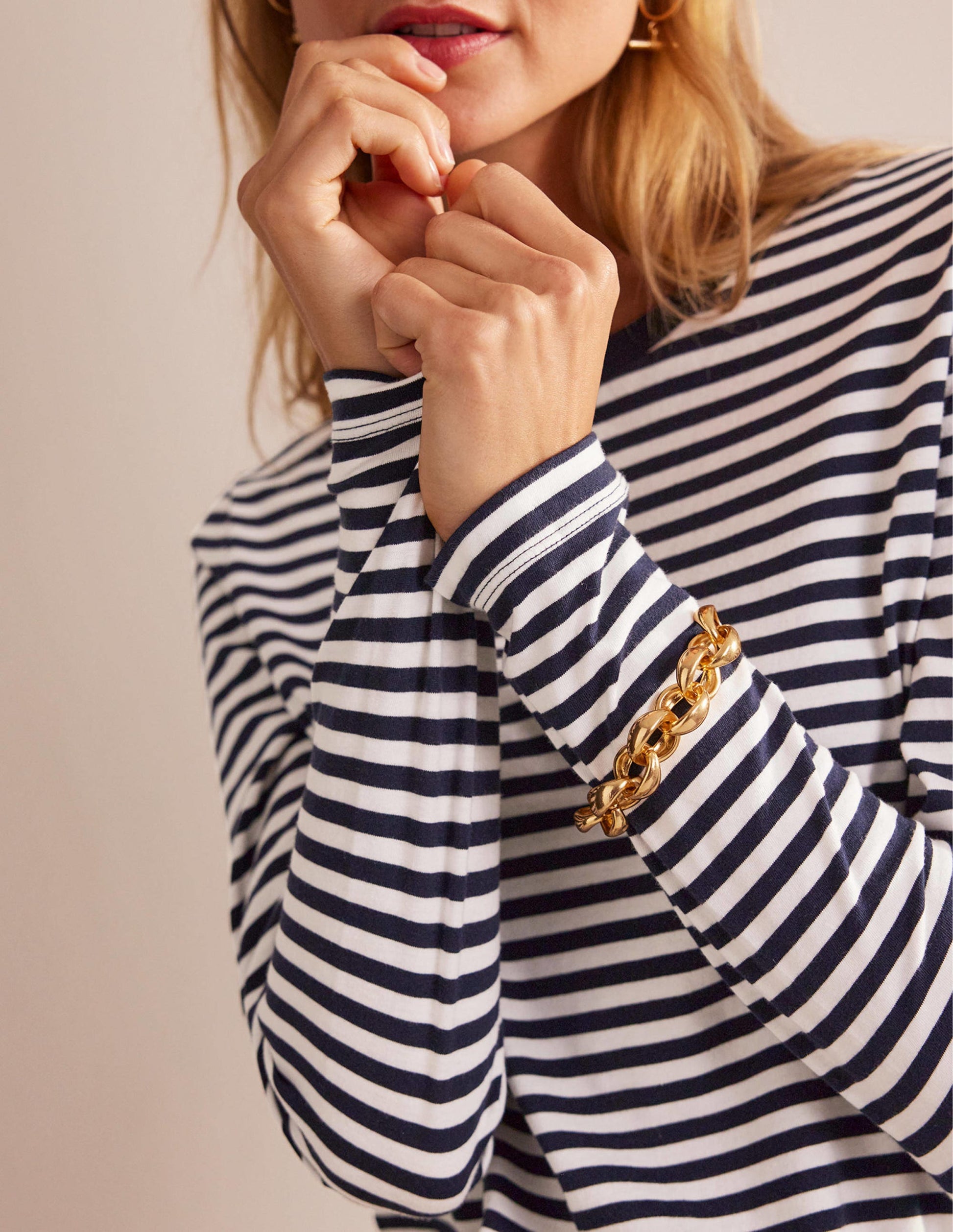 Pure Cotton Long Sleeve Top-Ivory, Navy-2