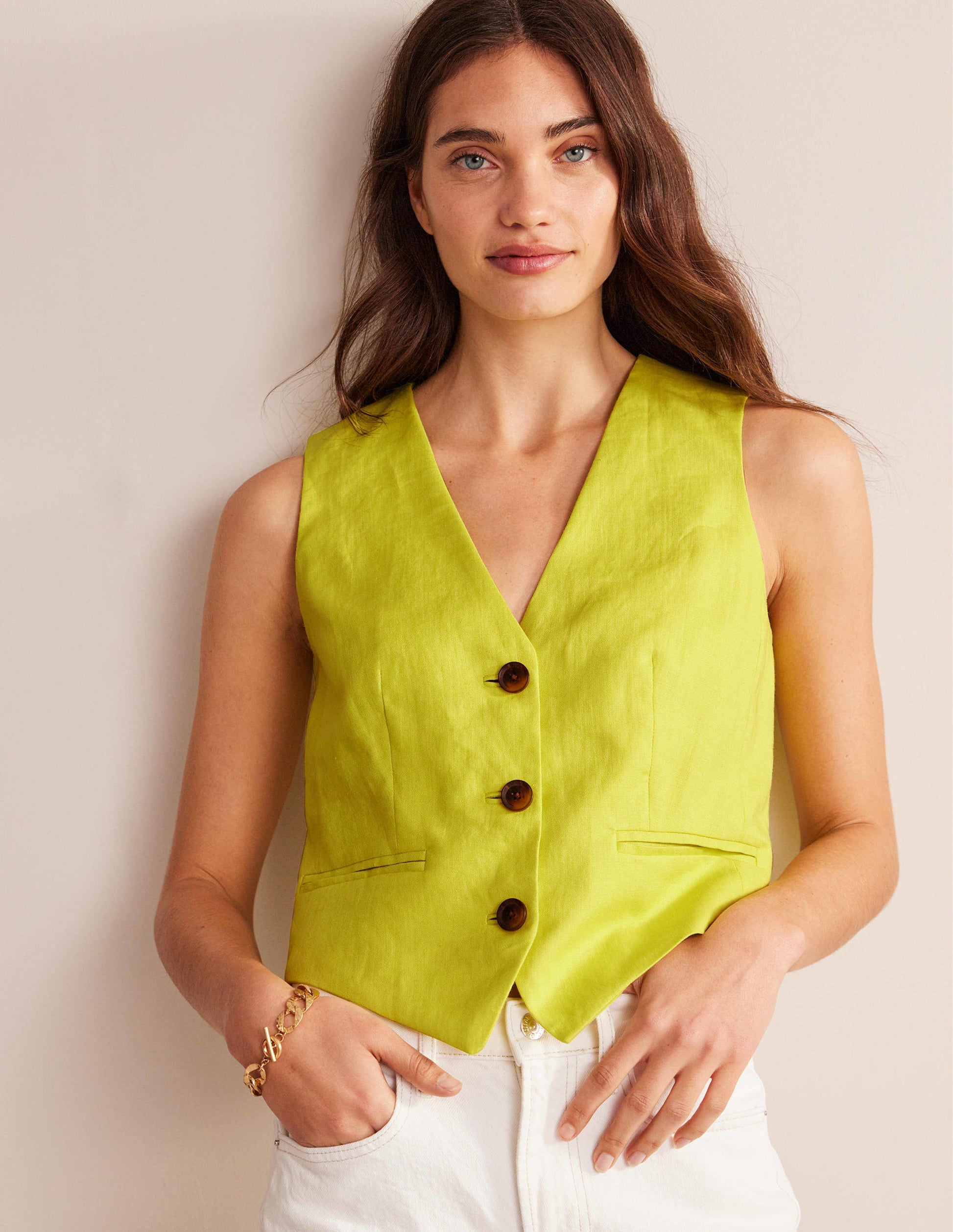 Gilet de costume col V en lin-Agrume-1