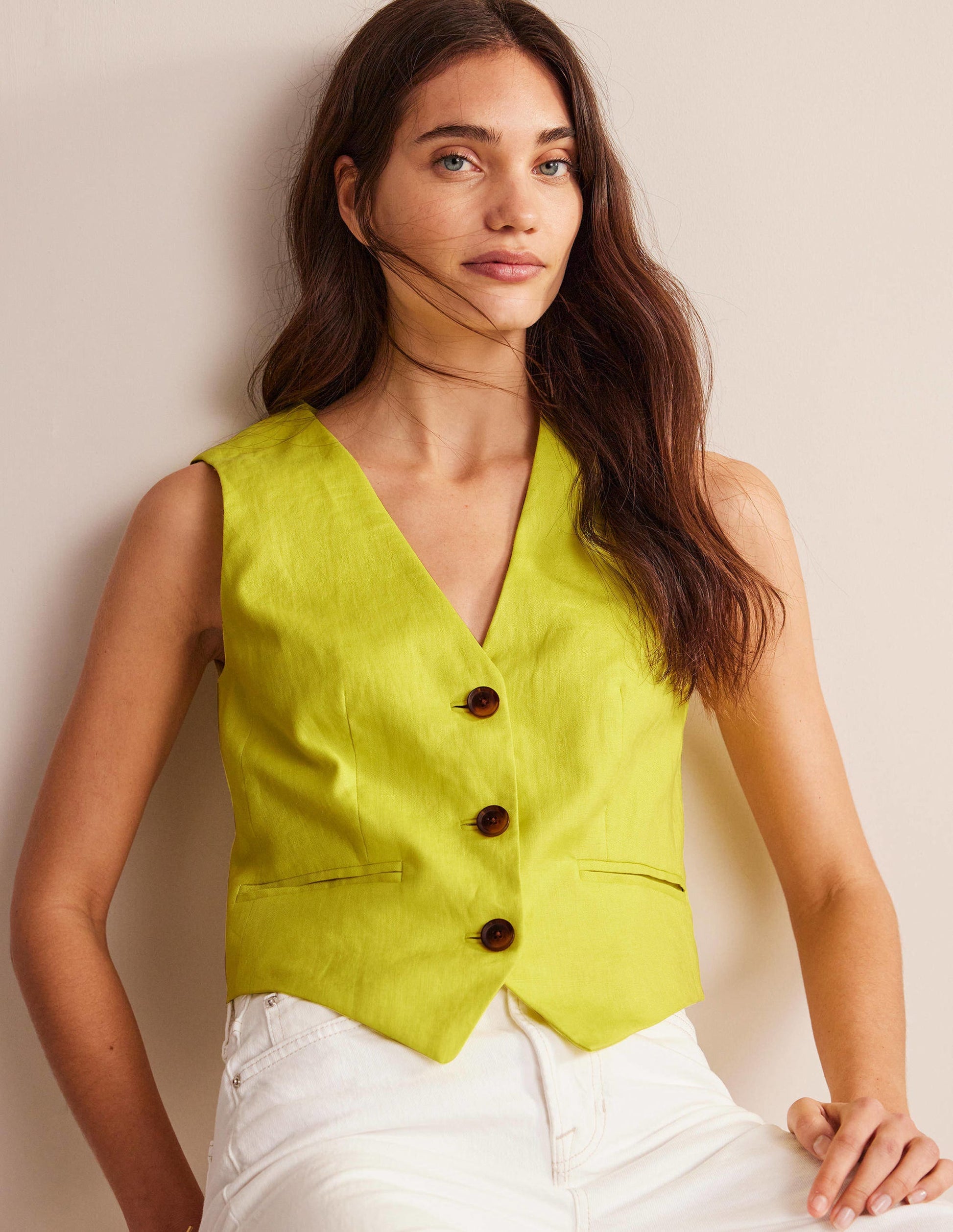 Gilet de costume col V en lin-Agrume-4