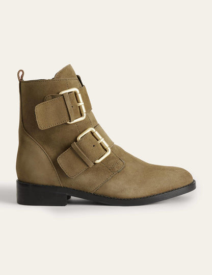 Stiefeletten mit Doppelschnalle-Dunkles Olivgrün-1