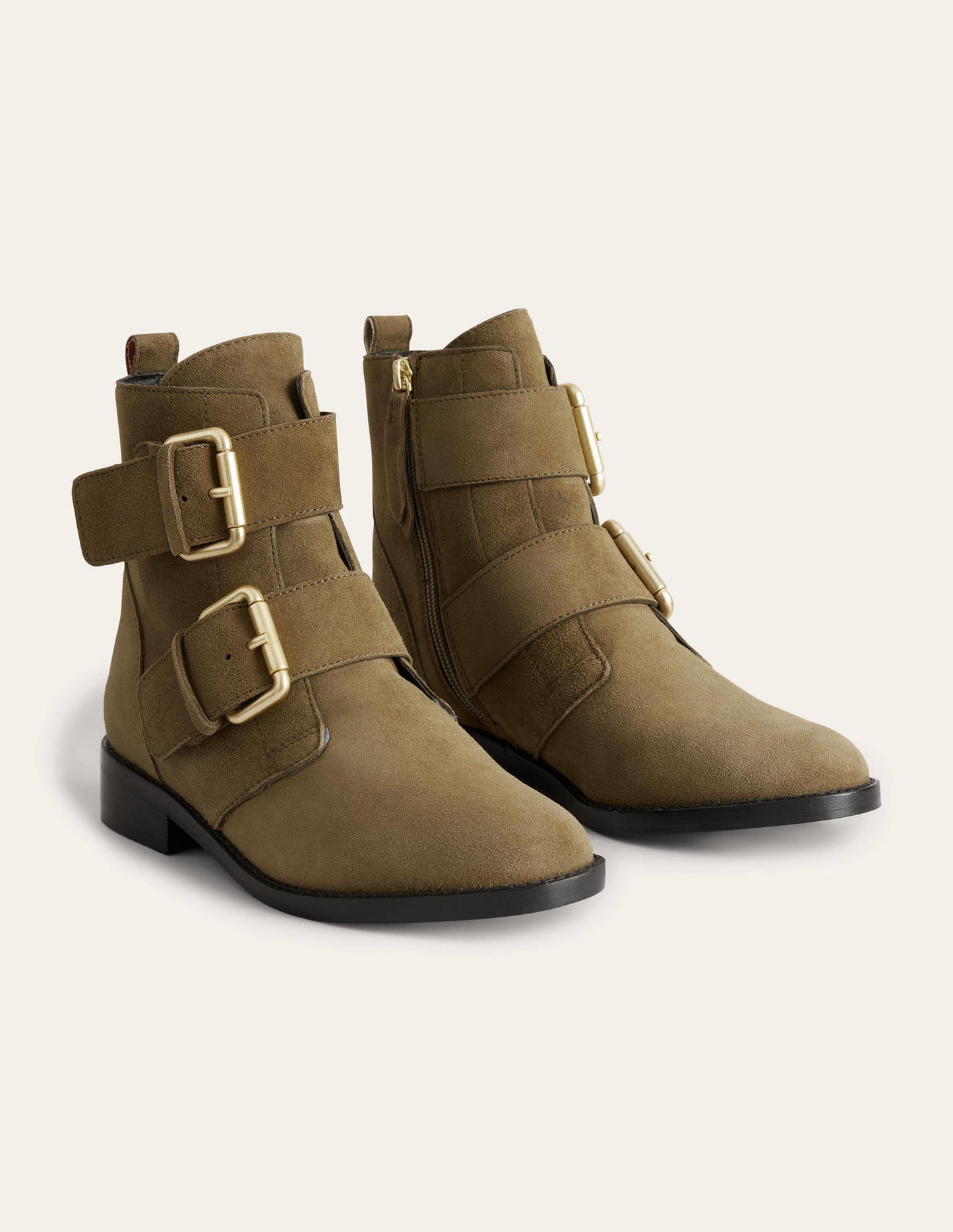 Stiefeletten mit Doppelschnalle-Dunkles Olivgrün