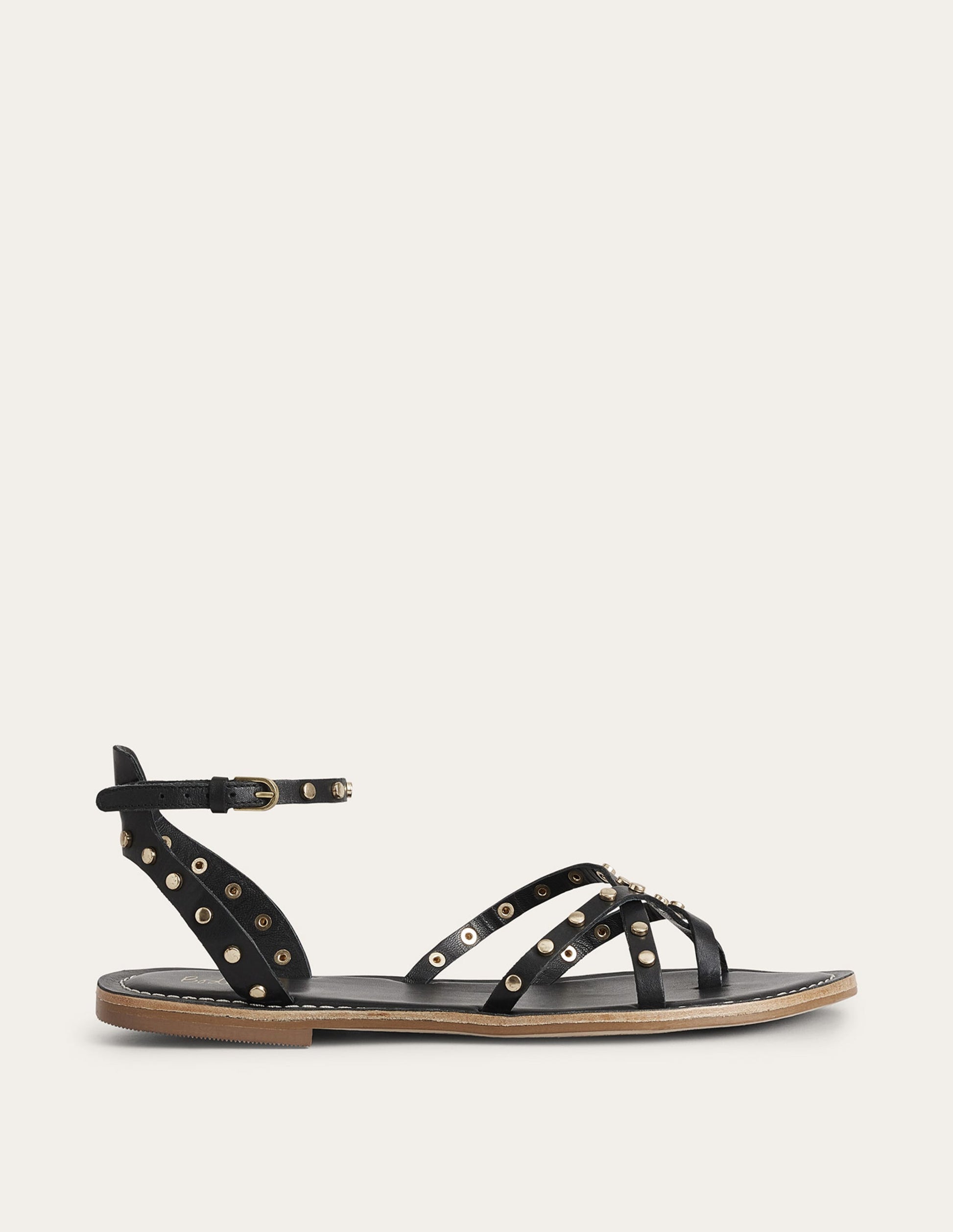 Studded Classic Flat Sandals-Black Leather-1