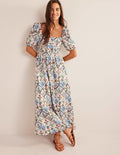 Ruched Bodice Midi Dress-Ivory, Wild Bluebell