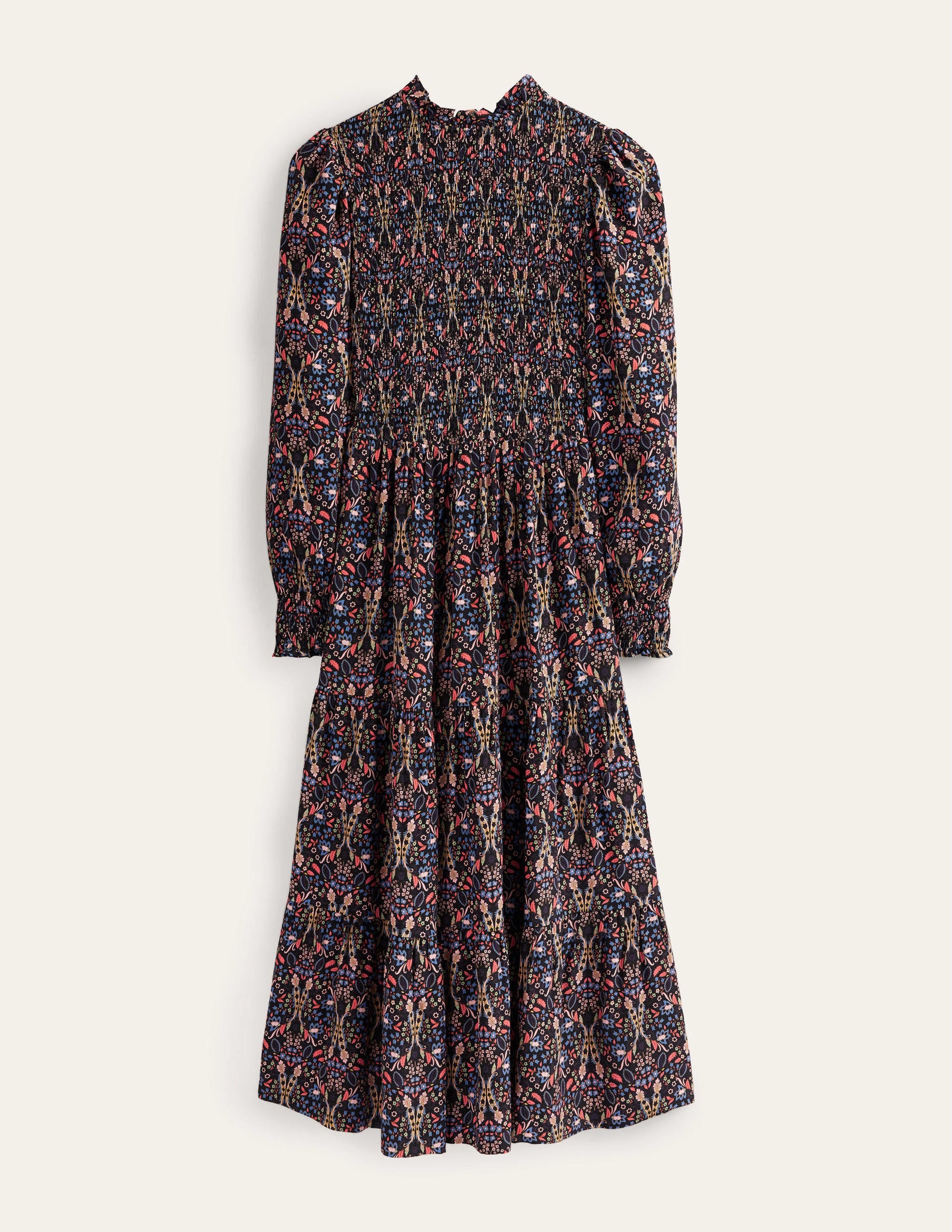 Gestuftes Midikleid mit Smokdetails-Schwarz, Exotische Blätter - Image 5
