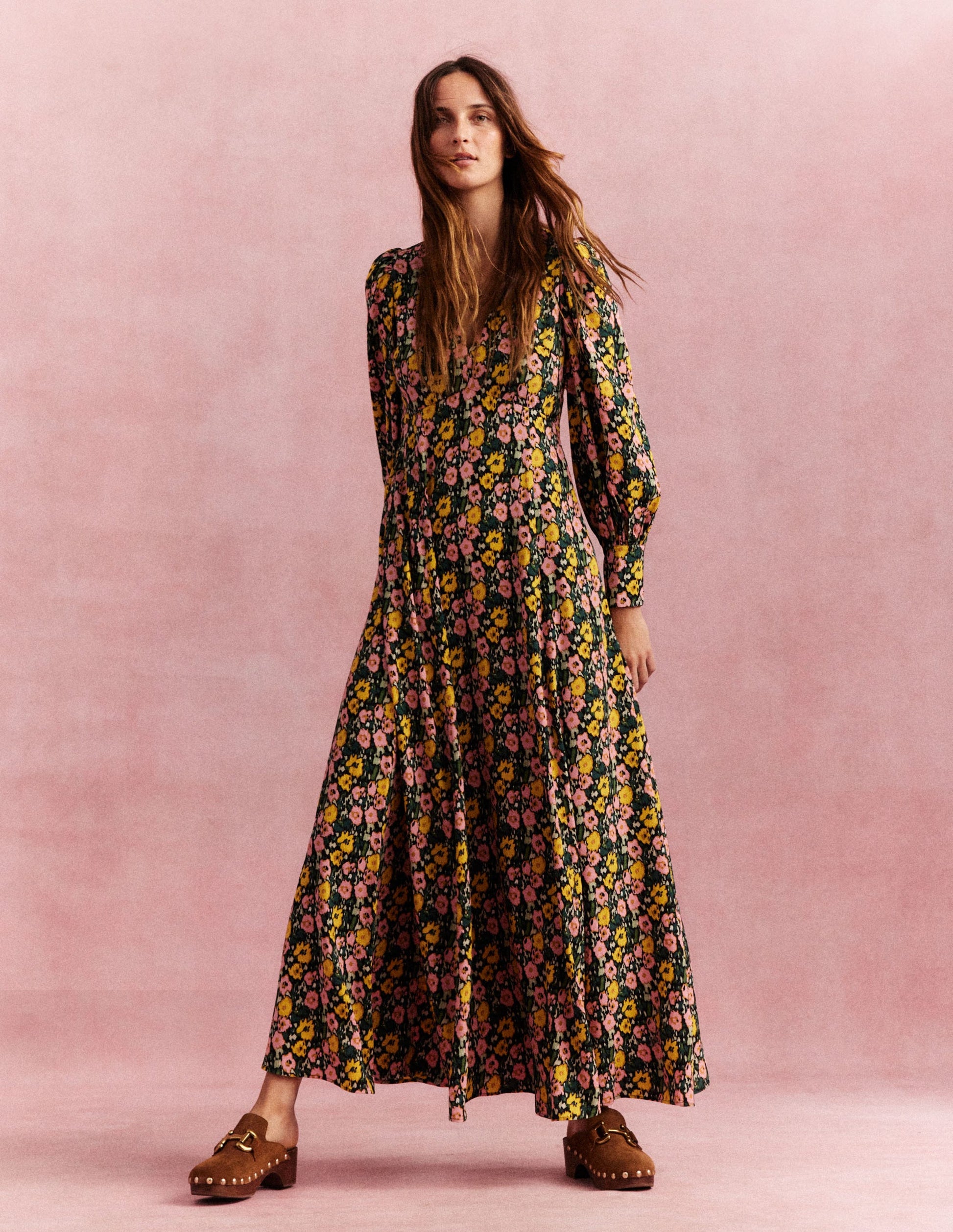 Maxikleid in Empire-Form mit V-Ausschnitt-Dunkles Smaragdgrün, Abstraktes Mohnblumenmuster-6