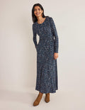 Skirt Detail Jersey Midi Dress-Navy, Wildflower Paisley