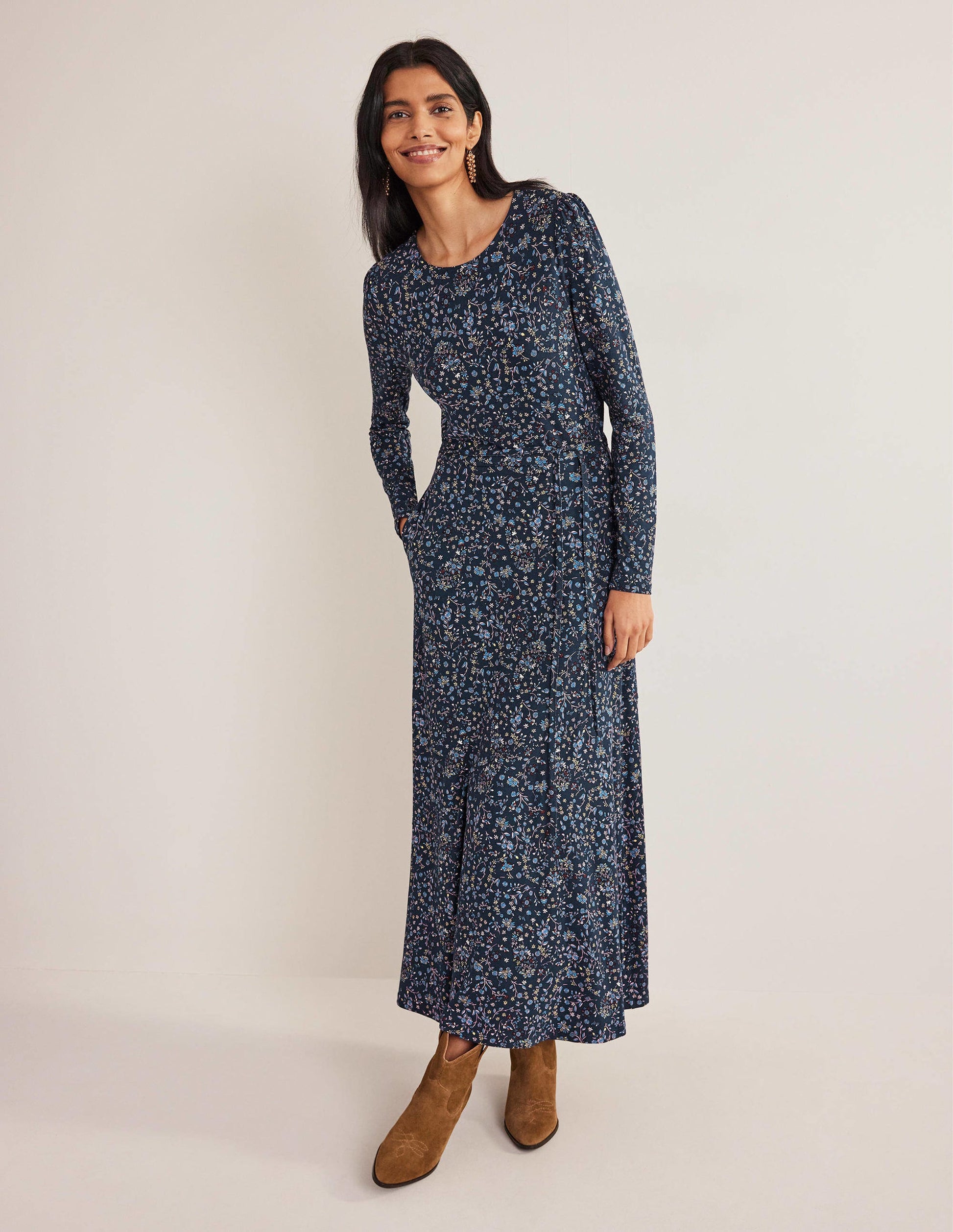 Skirt Detail Jersey Midi Dress-Navy, Wildflower Paisley-1