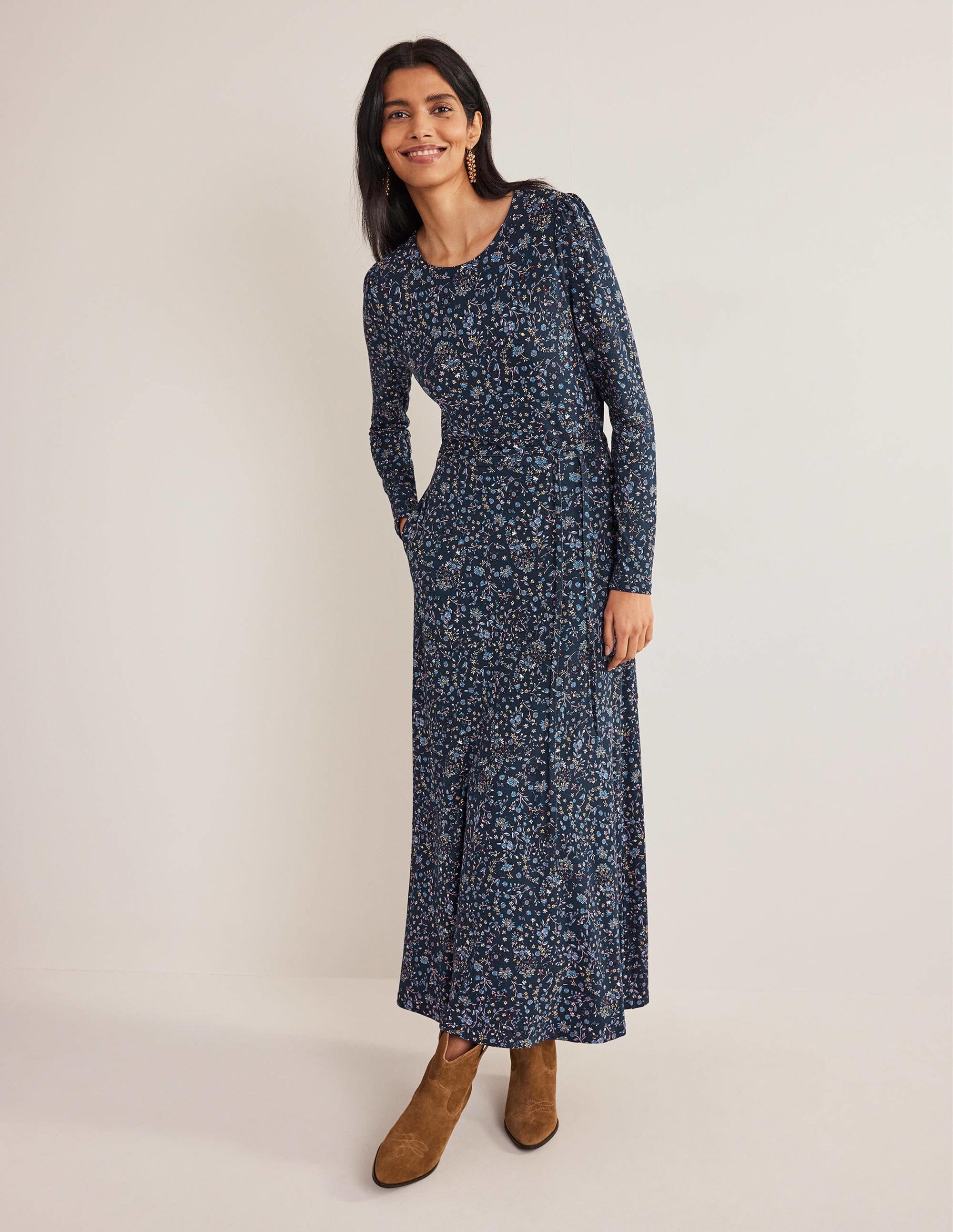Skirt Detail Jersey Midi Dress-Navy, Wildflower Paisley - Image 1