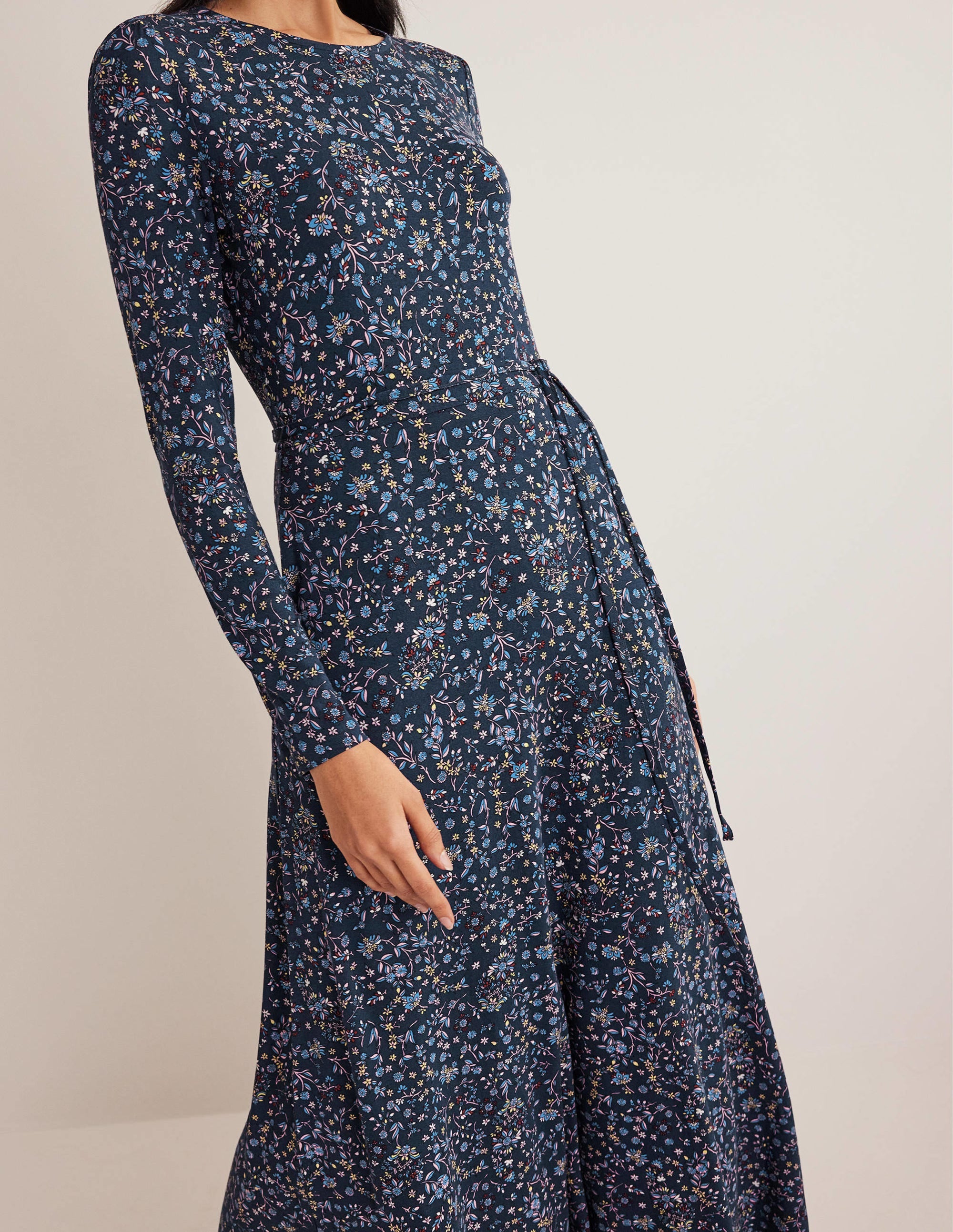 Skirt Detail Jersey Midi Dress-Navy, Wildflower Paisley - Image 2