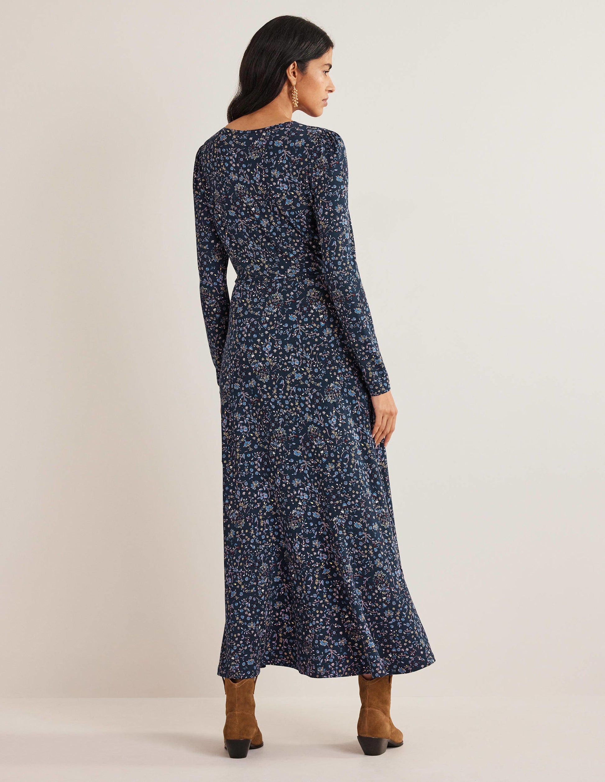 Skirt Detail Jersey Midi Dress-Navy, Wildflower Paisley-3