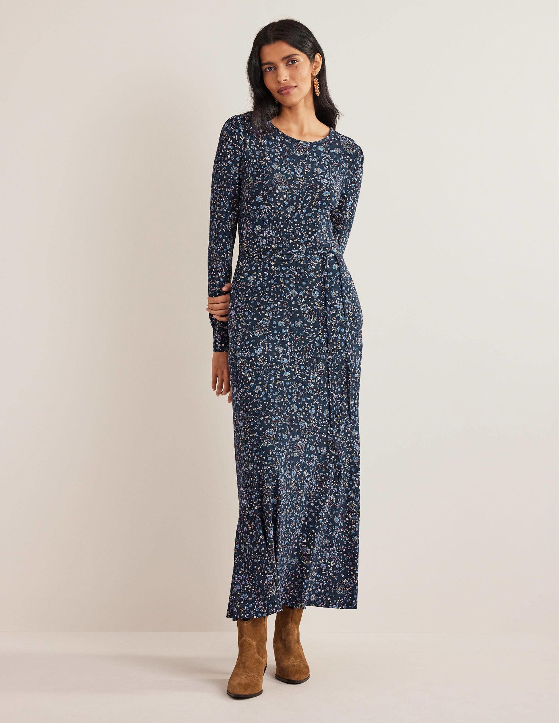 Skirt Detail Jersey Midi Dress-Navy, Wildflower Paisley-4